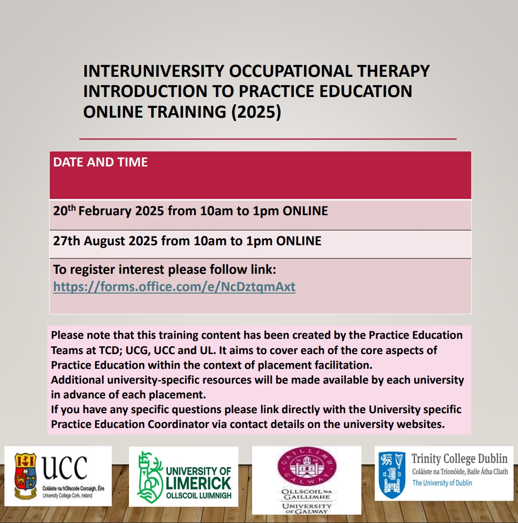 🚨 Calling all Practice Educators! 🚨

Join our Occupational Therapy Interuniversity Introduction to Practice Education Training.

📅 20/02/25 &amp; 27/08/25 
📍 Online  
🔗 Register: forms.office.com/e/NcDztqmAxt=

<a href="/tcd_ot/">TCD OT</a> <a href="/TrinityMed1/">School of Medicine, Trinity College Dublin</a>