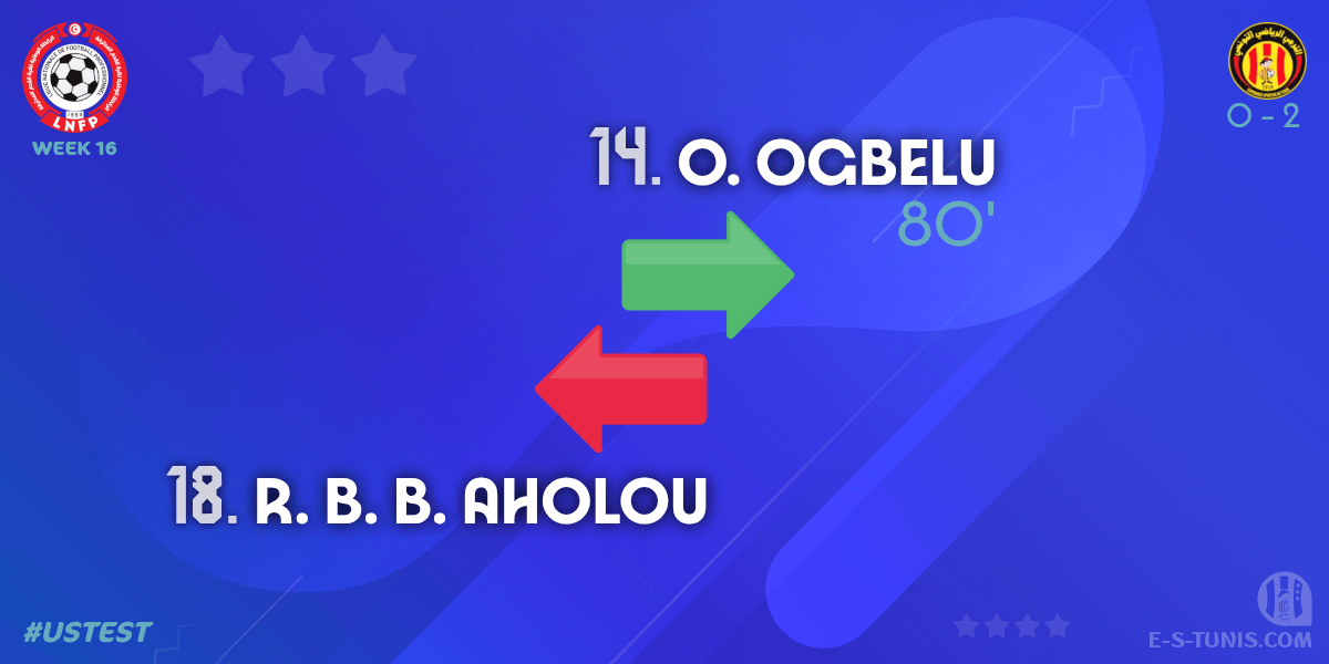 ESTuniscom's tweet photo. ⏱ 81' | #Ligue1Tn🇹🇳 Week 16 #USTEST | #USTataouine 0⃣-2⃣ @ESTuniscom : 🔁 Substitute : O. Ogbelu IN, R. B. B. Aholou OUT (EST) / تغيير / Changement https://t.co/v3W18TDHLx