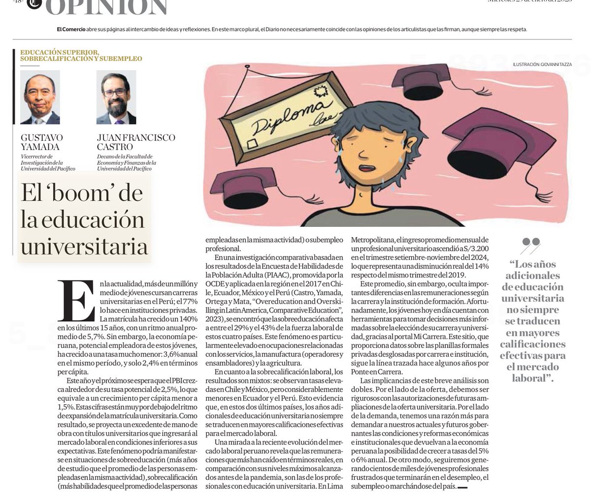 ¡Excelente columna! Mi interpretación: Si el PBI crece 5% o más, la educación universitaria puede ser un buen complemento/acelerador. Pero si crecemos a tasas menores al 2% promedio, será fuente de frustración. La prioridad es promover inversión y sembrar bases de crecimiento.
