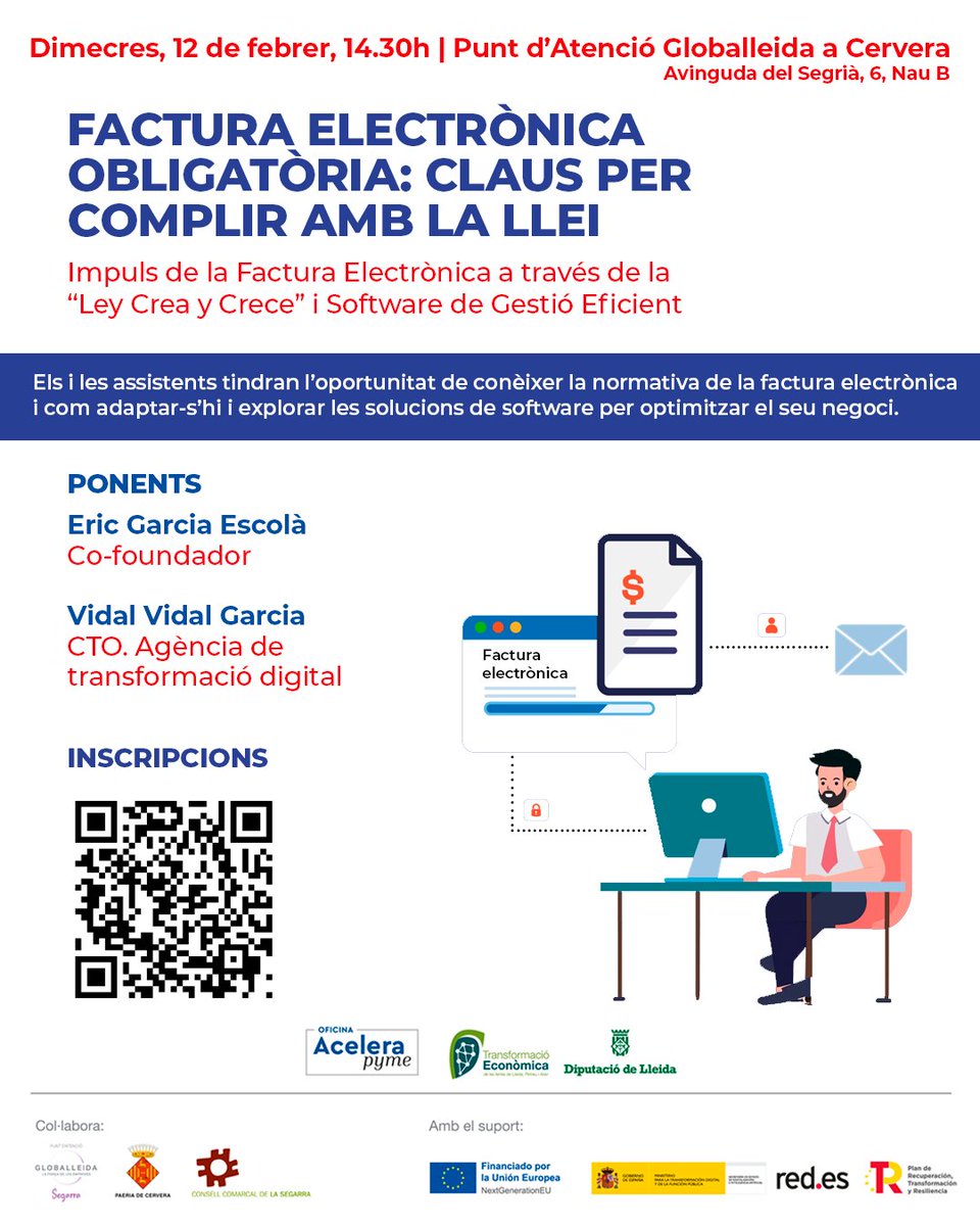 Promo_Economica's tweet image. 📢 L’Oficina Acelera Pyme Rural organitza una sessió a Cervera sobre la factura electrònica obligatòria! 💻📄 Descobreix els requisits legals i eines digitals per a pimes

🗓️ 12 de febrer, 14.30h
📍 Punt d’Atenció Globalleida de la Segarra
🔗 Inscripcions: forms.gle/YxGcTosW2UrTb6…