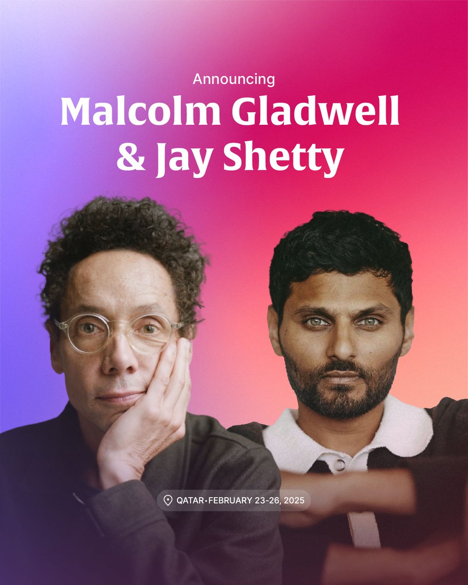 Web Summit (@websummit) on Twitter photo .<a href="/Gladwell/">Malcolm Gladwell</a>, author of six NYT bestsellers, and <a href="/jayshetty/">Jay Shetty</a>, host of the #1 Health & Wellness podcast "On Purpose," will be joining us at #WebSummitQatar 🤯
Hear from two of the world's most influential thinkers in Doha this February.
Meet you there. .<a href="/Gladwell/">Malcolm Gladwell</a>, author of six NYT bestsellers, and <a href="/jayshetty/">Jay Shetty</a>, host of the #1 Health & Wellness podcast "On Purpose," will be joining us at #WebSummitQatar 🤯
Hear from two of the world's most influential thinkers in Doha this February.
Meet you there.