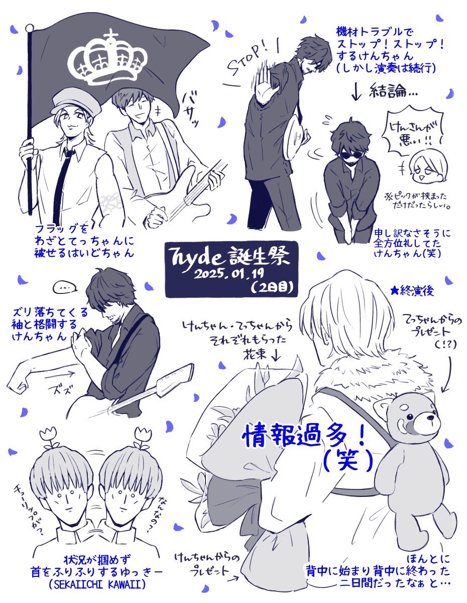 はいどさんお誕生日おめでとうございます〜！！！誕生祭の思い出絵！！！ラルクのライブではいどさんの誕生日をお祝いできる幸せを噛み締めた二日間でした…ありがとうございました…！！！！！🎉🪽🪽🪽🌈✨