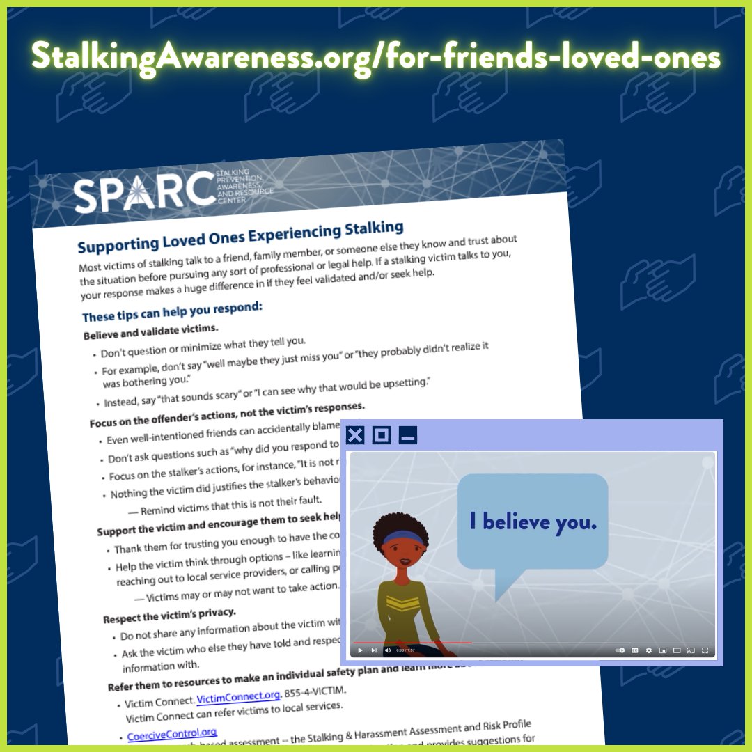 EJFHC's tweet image. Did you know? Most stalking victims confide in friends or family about their victimization before seeking formal help. A supportive social network can help mitigate the negative effects of stalking. StalkingAwareness.org/for-friends-lo…. #NSAM2025 #KnowItNameItStopIt