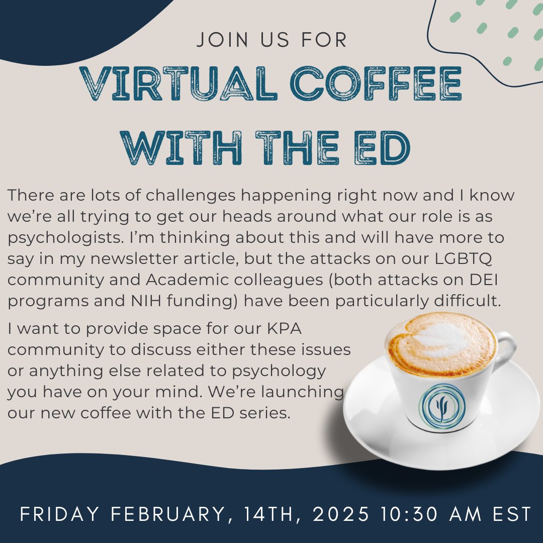 Psychologists are facing tough challenges, from attacks on LGBTQ+ rights to threats against DEI &amp; NIH funding. 💙 Let’s talk about it. Join our new Coffee with the ED series— a space to connect &amp; share. Registration 🔗: bit.ly/4aygati

#kentucky #kpa #psychology