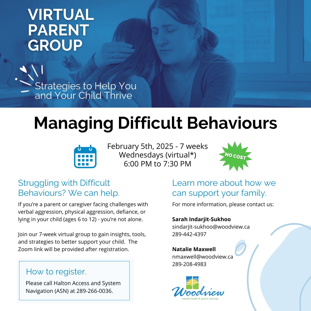 📣 Starts February 5th! Join our 7-week virtual group to gain insights, tools, and strategies to support your child in managing difficult behaviours. 💡 

Wednesdays | 6:00 PM to 7:30 PM
FREE Virtual Parent Group 
Register by calling ASN at 289-266-0036