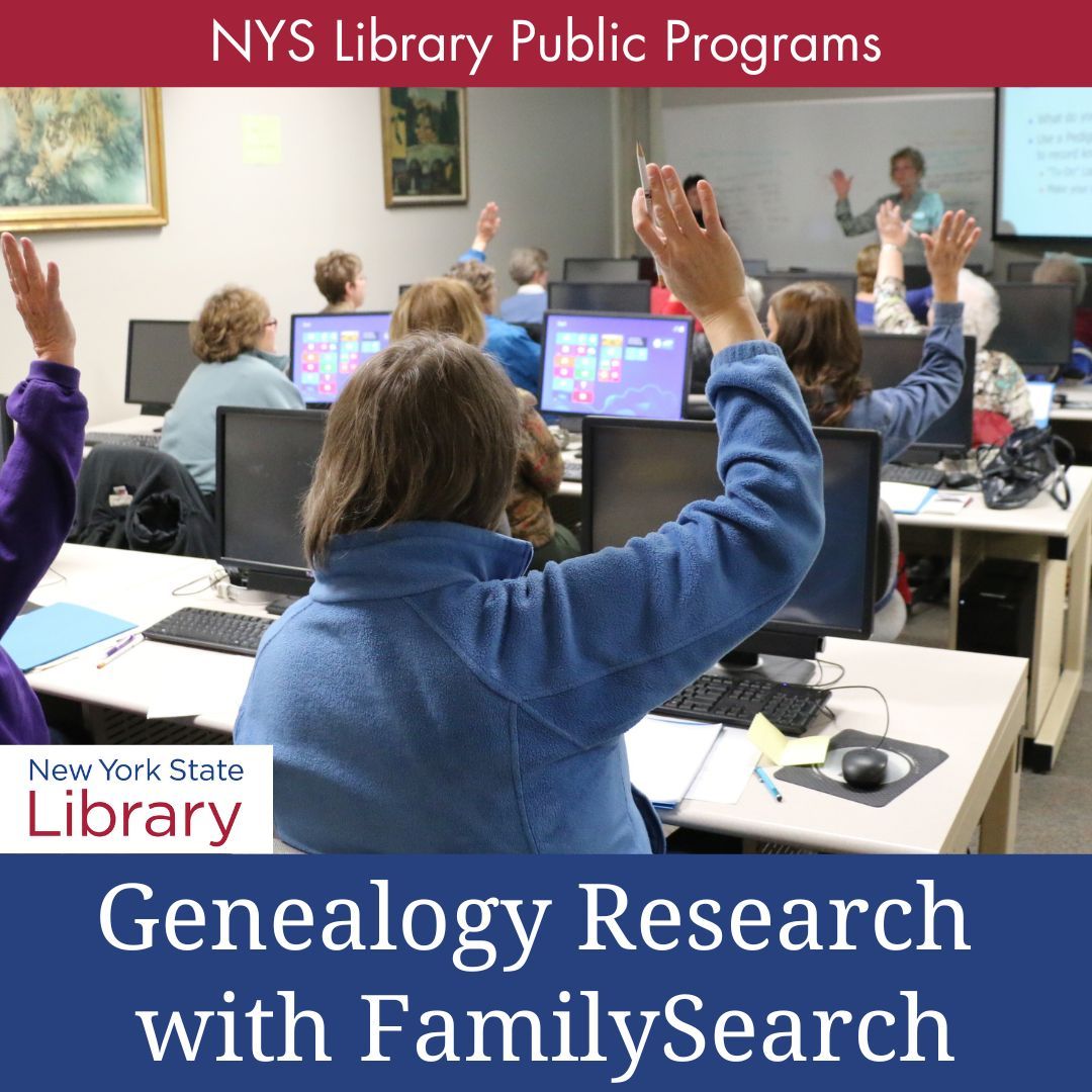 Join us 2/5 @ 2PM for "Genealogy Research with FamilySearch," a free onsite program from the NYS Library. 

More info &amp; to reg: buff.ly/40HAQM2

This program will be held onsite at the NYS Library. 

#Genealogy #GenealogyResearch #FamilyHistory #NYHistory