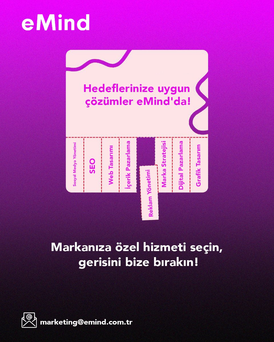 🎯 Hedeflerinize uygun çözümler eMind’da!
Markanıza özel hizmeti seçin, gerisini bize bırakın!
📩 Bizimle iletişime geçin: marketing@emind.com.tr
#eMind #DijitalDönüşüm #MarkaStratejisi #SEO #WebTasarım #İçerikPazarlama