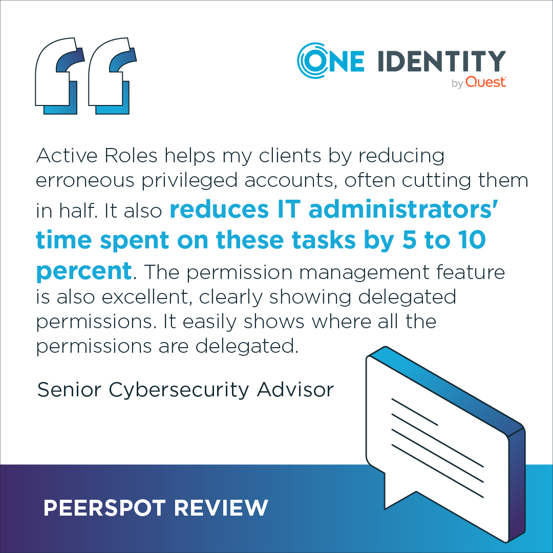 Too many privileged accounts = too much risk. 

One Identity Active Roles helps organizations eliminate unnecessary privileged accounts to regain optimal security levels - all while saving IT admins time.

Clearer permissions. Tighter security. Less admin burden. ✅