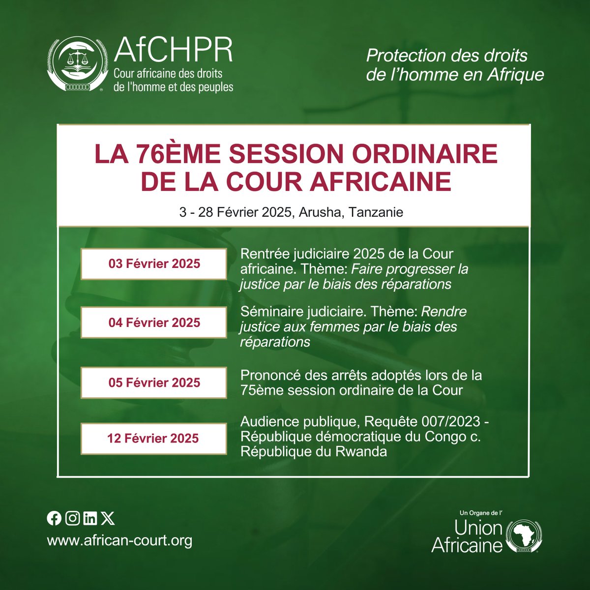 court_afchpr's tweet photo. Opening of the 2025 #JudicialYear of the #AfricanCourt under the theme: Advancing Justice through #Reparations. Rentrée judiciaire 2025 de la Cour africaine. Thème: Faire progresser la justice par le biais des #réparations. https://t.co/WeteR2fAXP