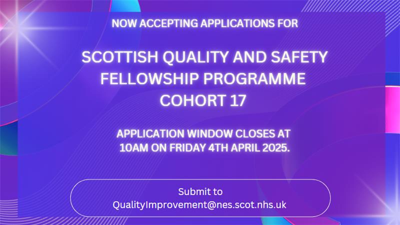 🚨Applications now open🚨

The application window for Cohort 17 of the Scottish Quality and Safety Fellowship is now OPEN and will close at 10am on Friday 4th April 2025. All information including applicant pack can now be found on the QI Zone here: learn.nes.nhs.scot/1906