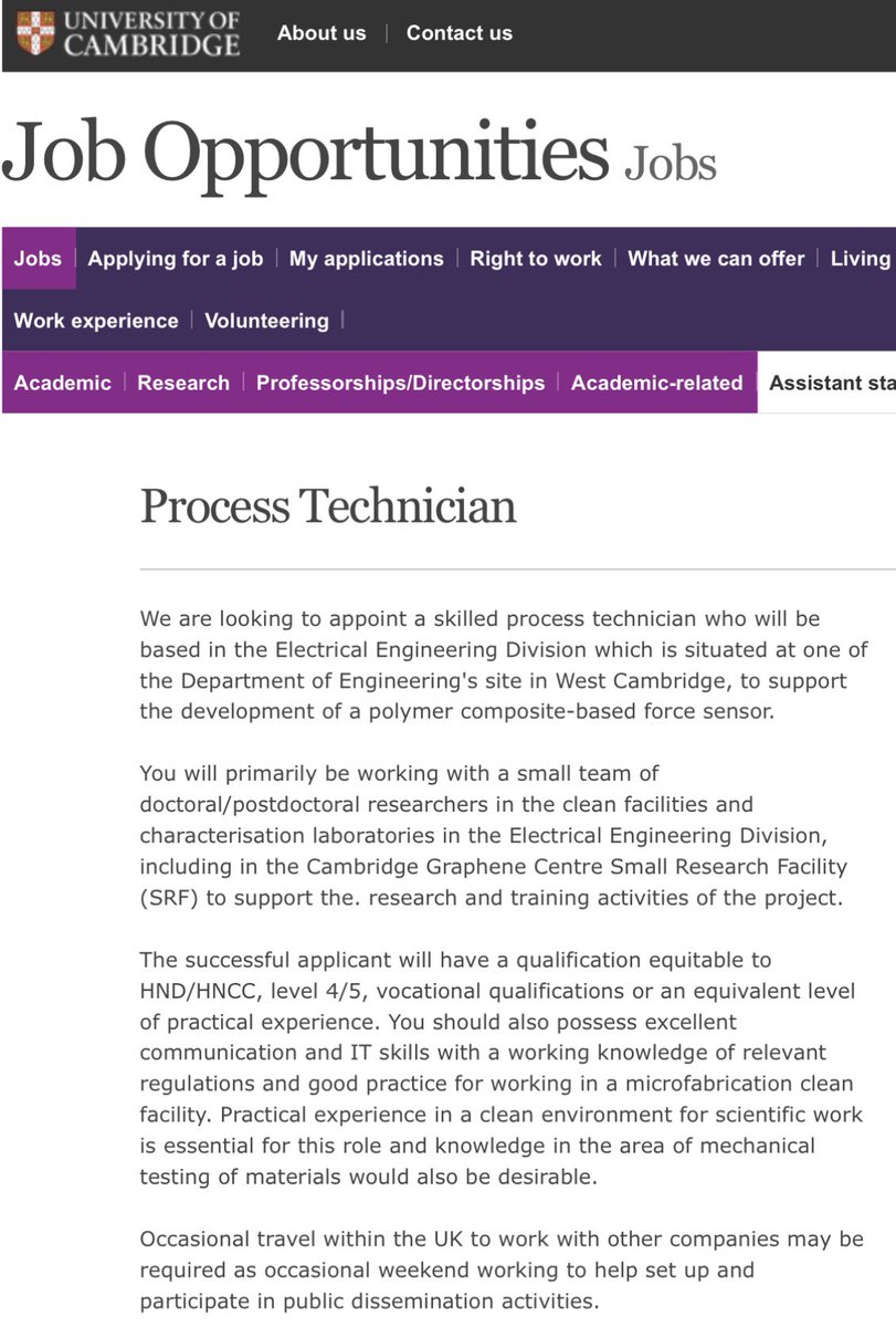 Tawfique Hasan (@tawfiquehasan) on Twitter photo We are hiring a #process #technician for 3 yrs on polymer composite based sensors for #robotics and #wearables. Closing date is 11 February. If interested, please apply! Or retweet! <a href="/Cambridge_Eng/">Engineering Dept</a> <a href="/cambridge_ee/">cambridge_ee</a> <a href="/GrapheneUCam/">Cambridge Graphene Centre</a>
Link: jobs.cam.ac.uk/job/50103/ We are hiring a #process #technician for 3 yrs on polymer composite based sensors for #robotics and #wearables. Closing date is 11 February. If interested, please apply! Or retweet! <a href="/Cambridge_Eng/">Engineering Dept</a> <a href="/cambridge_ee/">cambridge_ee</a> <a href="/GrapheneUCam/">Cambridge Graphene Centre</a>
Link: jobs.cam.ac.uk/job/50103/