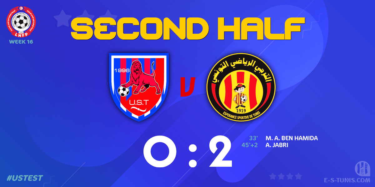 ESTuniscom's tweet photo. ⏱ 46' | #Ligue1Tn🇹🇳 Week 16 #USTEST | #USTataouine 0⃣-2⃣ @ESTuniscom : The second half kicks off / بداية الشوط الثاني / Coup d'envoi de la seconde période https://t.co/74Gj4GshkY