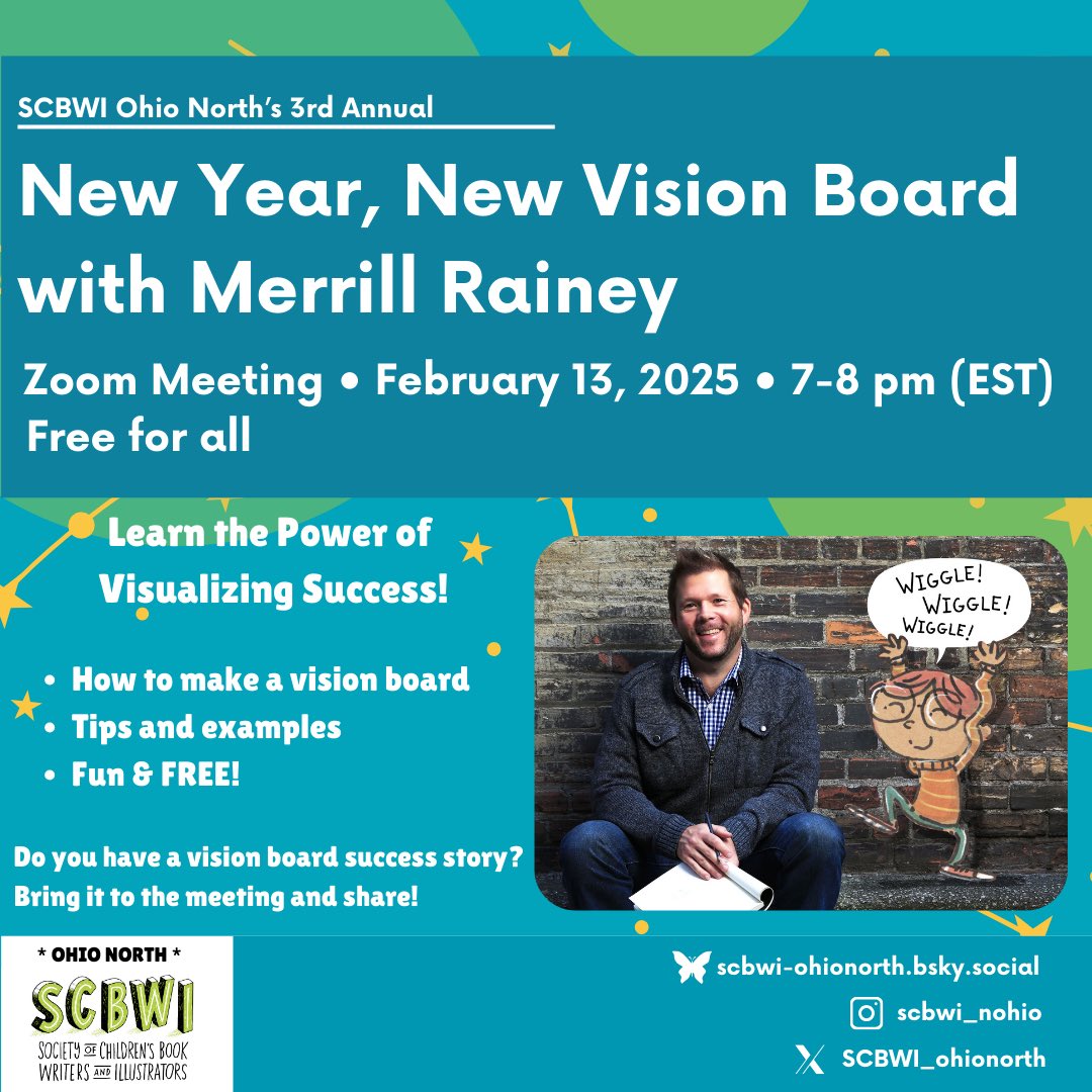 Join #SCBWI Ohio North's 3rd Annual: NEW YEAR, NEW VISION BOARD w/ <a href="/LittleRainey/">Merrill Rainey making beautiful things out of junk</a>.

Learn how to make a vision board that works for you! Fun &amp; FREE for ALL! Start 2025 w/ direction &amp; #kidlit friends!

Link to register: scbwi.org/events/new-yea…