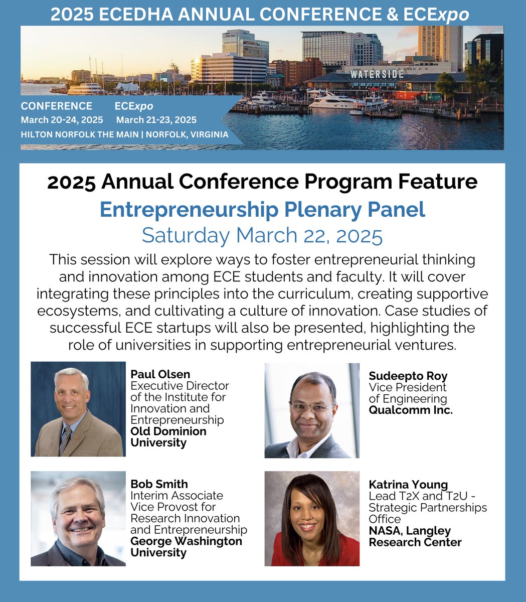 Join us March 20-24th in Norfolk, Virginia for the 2025 ECEDHA Annual Conference and ECExpo! Register Today: ecedha.org/2025Conference… #ElectricalandComputerEngineering
#ECEDHA <a href="/Qualcomm/">Qualcomm</a> <a href="/NASA/">NASA</a>
