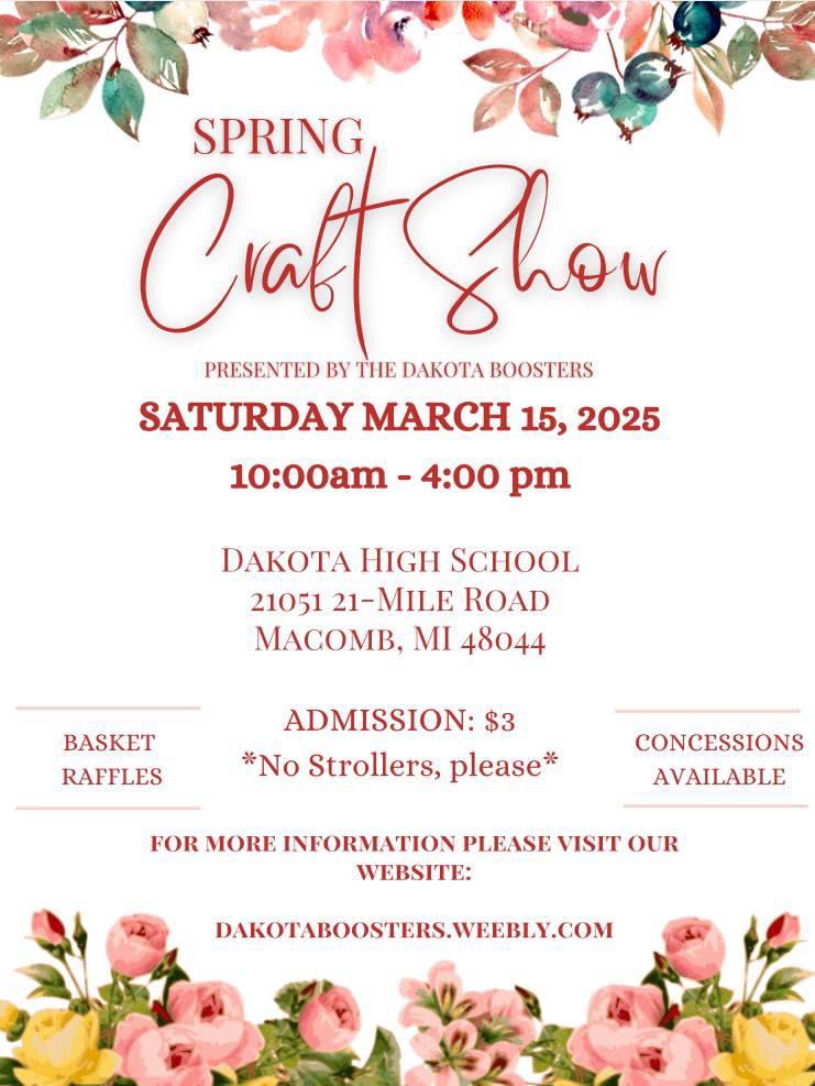 Only SIX WEEKS until the Dakota Boosters Spring Craft Show!  Save the Date - Saturday, March 15 from 10:00 AM-4:00 PM at Dakota High School!