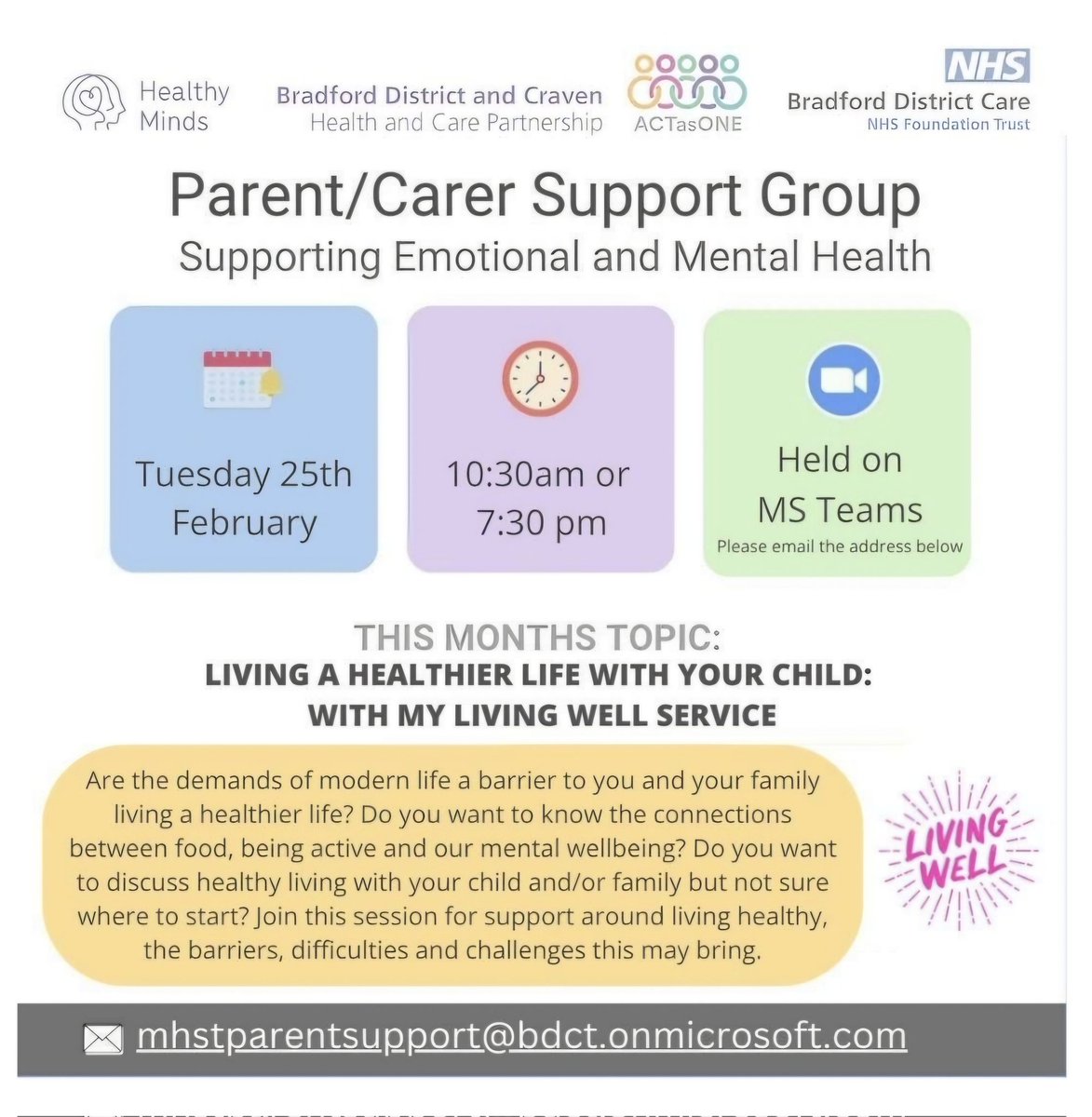Feversham Girls' Secondary Academy (@fevershama) on Twitter photo Details of next month's online parent support group with <a href="/BDCFT_MHST/">BDCFT Mental Health Support Team</a> and <a href="/MyLivingWell1/">My Living Well</a> can be found below. 👇🏻👇🏻👇🏻👇🏻
📆: Tuesday 25th February
⏰️: 10:30am or 7:30pm
This month's theme is 'Living a healthier life with your child'. #MentalHealthMatters #TeamFeversham Details of next month's online parent support group with <a href="/BDCFT_MHST/">BDCFT Mental Health Support Team</a> and <a href="/MyLivingWell1/">My Living Well</a> can be found below. 👇🏻👇🏻👇🏻👇🏻
📆: Tuesday 25th February
⏰️: 10:30am or 7:30pm
This month's theme is 'Living a healthier life with your child'. #MentalHealthMatters #TeamFeversham