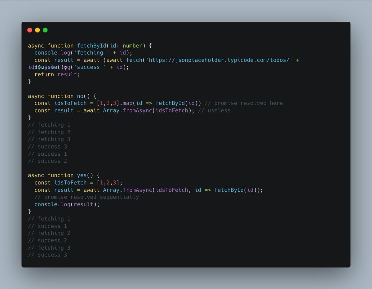 In Typescript, have you heard about `Array.fromAsync` ? It's very handy because it allow to process sequentially an Async iterator or array of Promise. Until now, it was only possible with `for await`.
But, be careful to not resolve your promise early !
typescriptlang.org/play/?target=9…