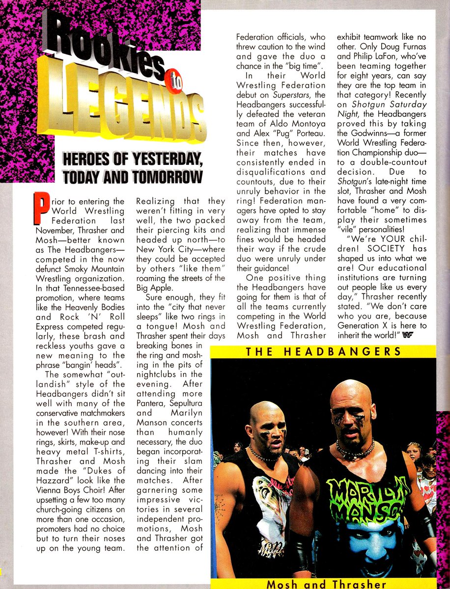 WWF Wrestling (@wwfwrestling1) on Twitter photo Rookies to Legends profile of The Headbangers from WWF Magazine, May 1997. 🤘🏻 <a href="/ChazMosh/">Chaz Warrington</a> <a href="/GRthrasher/">Glenn Ruth</a> #WWF #WWE #TheHeadbangers Rookies to Legends profile of The Headbangers from WWF Magazine, May 1997. 🤘🏻 <a href="/ChazMosh/">Chaz Warrington</a> <a href="/GRthrasher/">Glenn Ruth</a> #WWF #WWE #TheHeadbangers