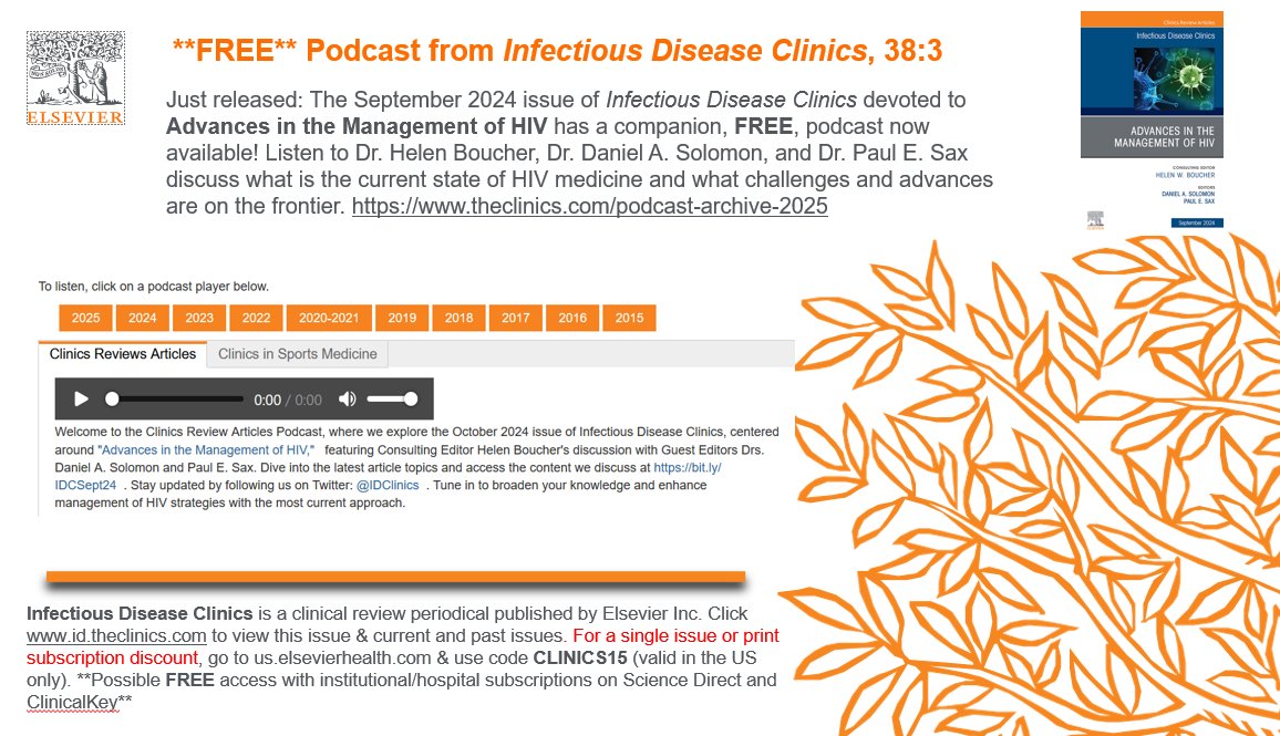 Don’t miss this **FREE**informative and engaging podcast with <a href="/PaulSaxMD/">Paul Sax</a>, <a href="/dsolsMD/">Daniel Solomon</a>, and <a href="/hboucher3/">Helen Boucher</a>! theclinics.com/podcast-archiv…. #HIV <a href="/ClinicsReviews/">Elsevier Clinics</a>