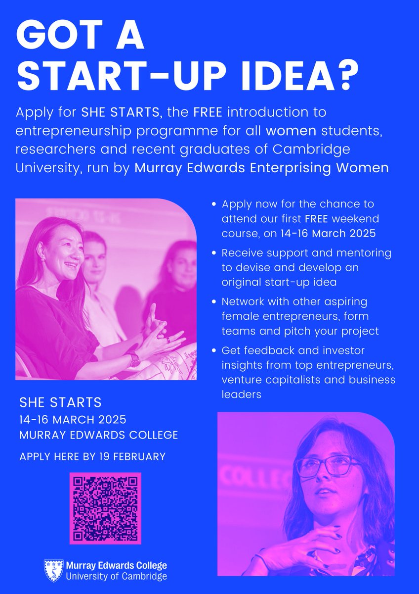 Murray Edwards College (@meccambridge) on Twitter photo Have you got a brilliant start-up idea? Not sure how to turn your dream into reality? We can help!
Murray Edwards is running FREE entrepreneurship programmes open to ALL women students, researchers, post-docs and recent graduates <a href="/Cambridge_Uni/">Cambridge University</a> - bit.ly/MECSheStarts Have you got a brilliant start-up idea? Not sure how to turn your dream into reality? We can help!
Murray Edwards is running FREE entrepreneurship programmes open to ALL women students, researchers, post-docs and recent graduates <a href="/Cambridge_Uni/">Cambridge University</a> - bit.ly/MECSheStarts