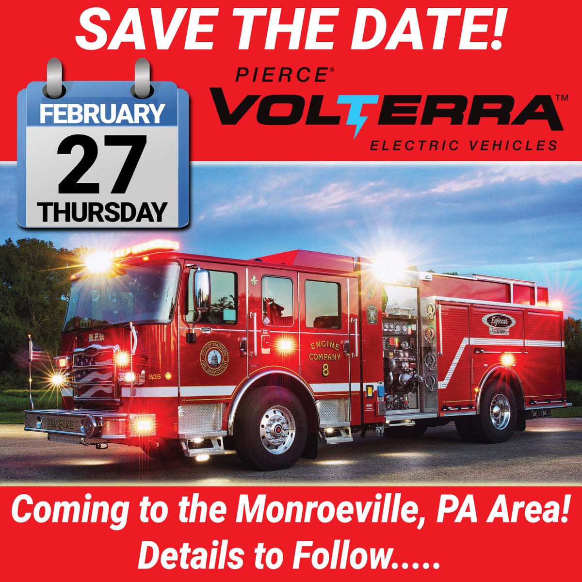 Don’t miss your chance to see the NEW <a href="/PierceMfg/">Pierce Mfg</a>  #Volterra #Pumper in action! Thursday, February 27, 2025, the unit will be in the Monroeville, PA area and available to view and operate. Check back for more information and details! #glickfire #monroeville #electricvehicle