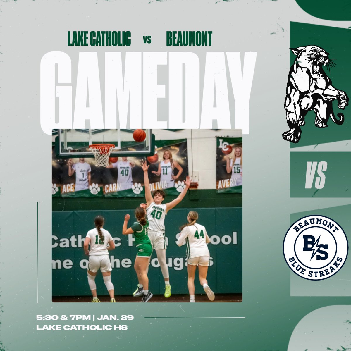 Lake Catholic Girls Basketball (@ladycougarhoops) on Twitter photo ❗️GAME DAY❗️
Kicking off our final home game stretch of the season, tonight!
🆚 <a href="/BlueStreaksAD/">BeaumontBlueStreaks</a>
⏰ 5:30pm JV / 7pm Varsity
🖥️ youtube.com/@lccougarathle…
🎟️ lakecatholic.org/athletics/tick…
#GoCougars #whateverittakes #together ❗️GAME DAY❗️
Kicking off our final home game stretch of the season, tonight!
🆚 <a href="/BlueStreaksAD/">BeaumontBlueStreaks</a>
⏰ 5:30pm JV / 7pm Varsity
🖥️ youtube.com/@lccougarathle…
🎟️ lakecatholic.org/athletics/tick…
#GoCougars #whateverittakes #together