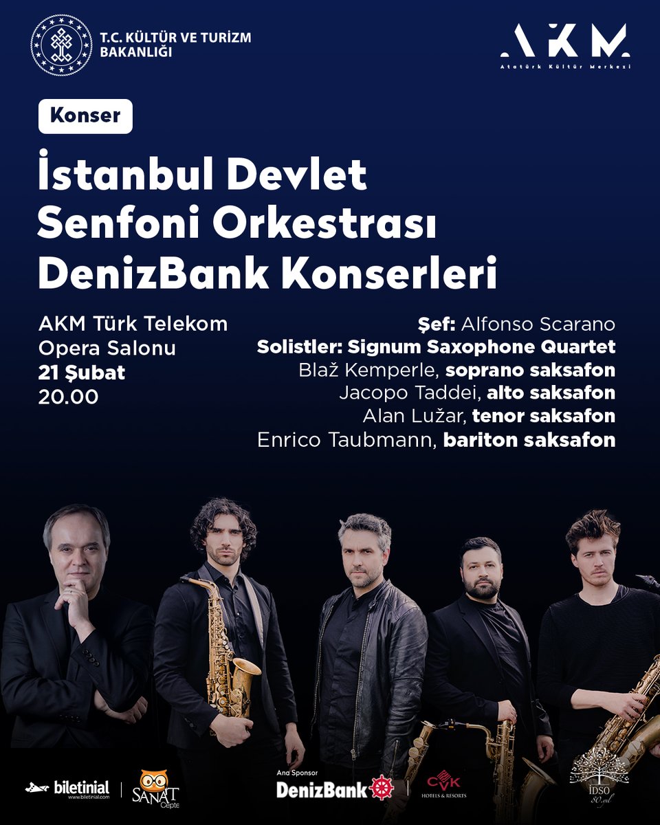 İstanbul Devlet Senfoni Orkestrası 21 Şubat’taki konserinde, Signum Saxsaphone Quartet’i AKM Türk Telekom Opera Salonu sahnesinde ağırlayacak ve sanatseverler ilham dolu bir müzikal deneyim yaşayacak.

Şef Alfonso Scarano yönetimindeki orkestra eşliğinde Quartet, Piazzola ve