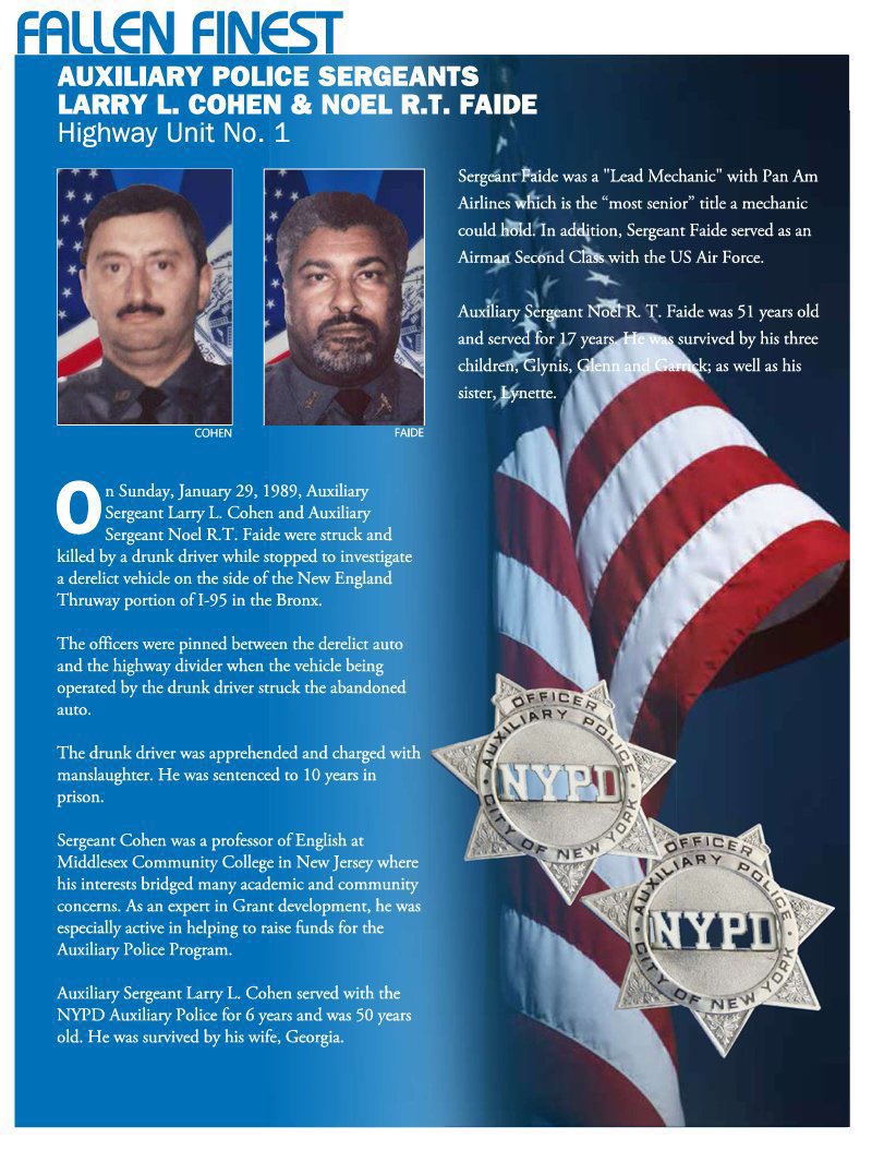NYPD Auxiliary (@nypdauxiliary) on Twitter photo 36 years ago today, we lost Auxiliary Sergeants Larry Cohen and Noel Faide from <a href="/NYPDHighway/">NYPD Highway</a> who were struck and killed by a drunk driver while stopped to investigate a derelict auto. Today, we honor their service and sacrifice. #NeverForget 💙 36 years ago today, we lost Auxiliary Sergeants Larry Cohen and Noel Faide from <a href="/NYPDHighway/">NYPD Highway</a> who were struck and killed by a drunk driver while stopped to investigate a derelict auto. Today, we honor their service and sacrifice. #NeverForget 💙