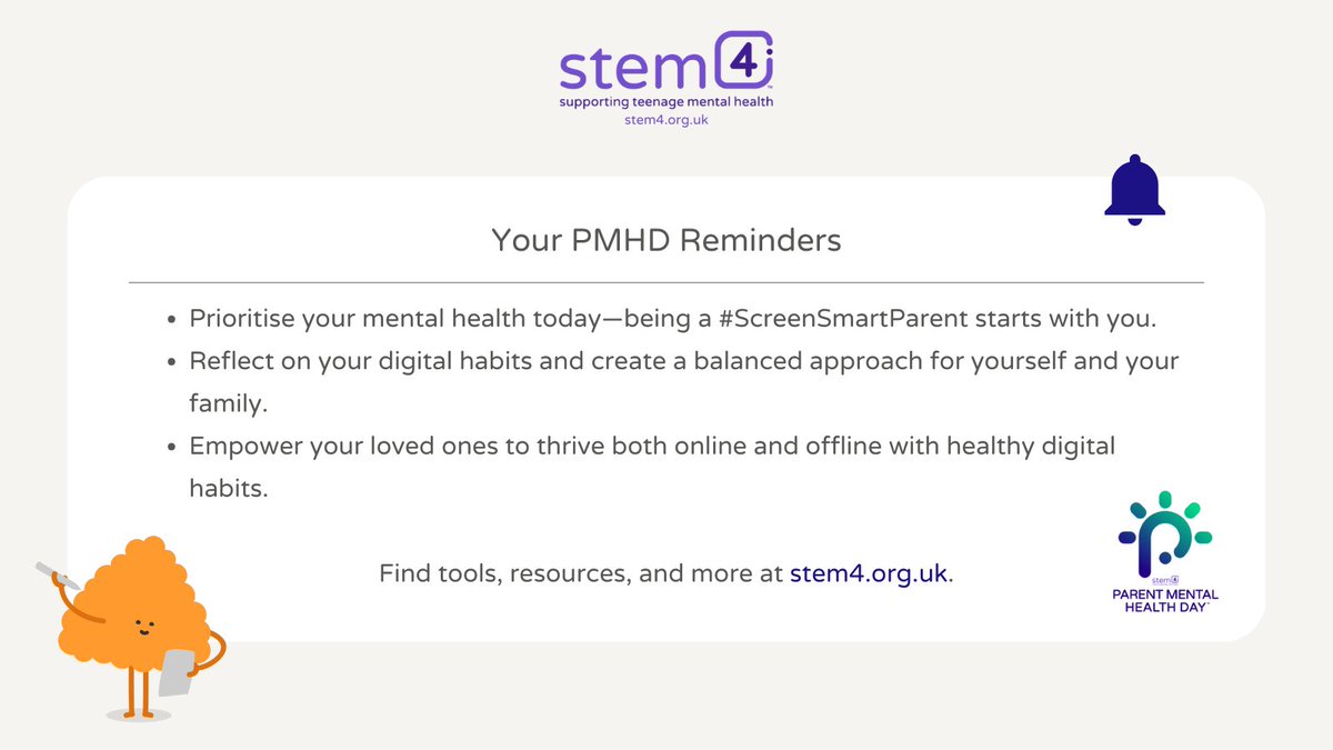 stem4org's tweet photo. 💙 Today is #ParentMentalHealthDay ! 💙
This year's #ScreenSmartParenting theme encourages parents and carers to prioritise their own mental health while guiding children through the digital world. 🌍📱
Find tools & resources at https://t.co/bgg4F7SG02.
#PMHD https://t.co/9PQElOlSde