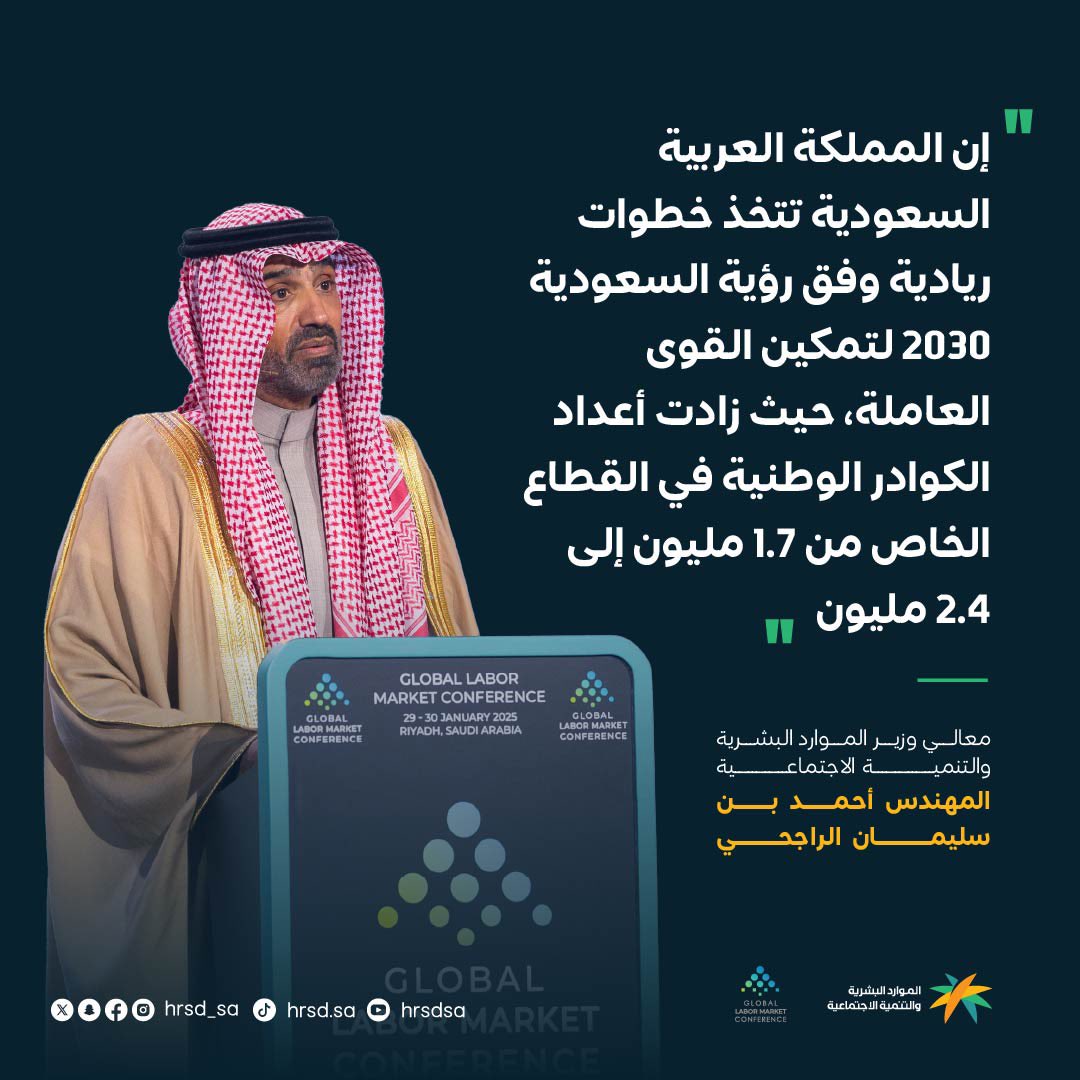HRSD_SA's tweet image. خطوات ريادية لـ #رؤية_السعودية_2030 قفزت بأعداد الكوادر الوطنية في القطاع الخاص..

معالي وزير الموارد البشرية والتنمية الاجتماعية المهندس أحمد بن سليمان الراجحي مُتحدثاً في #المؤتمر_الدولي_لسوق_العمل GLMC.