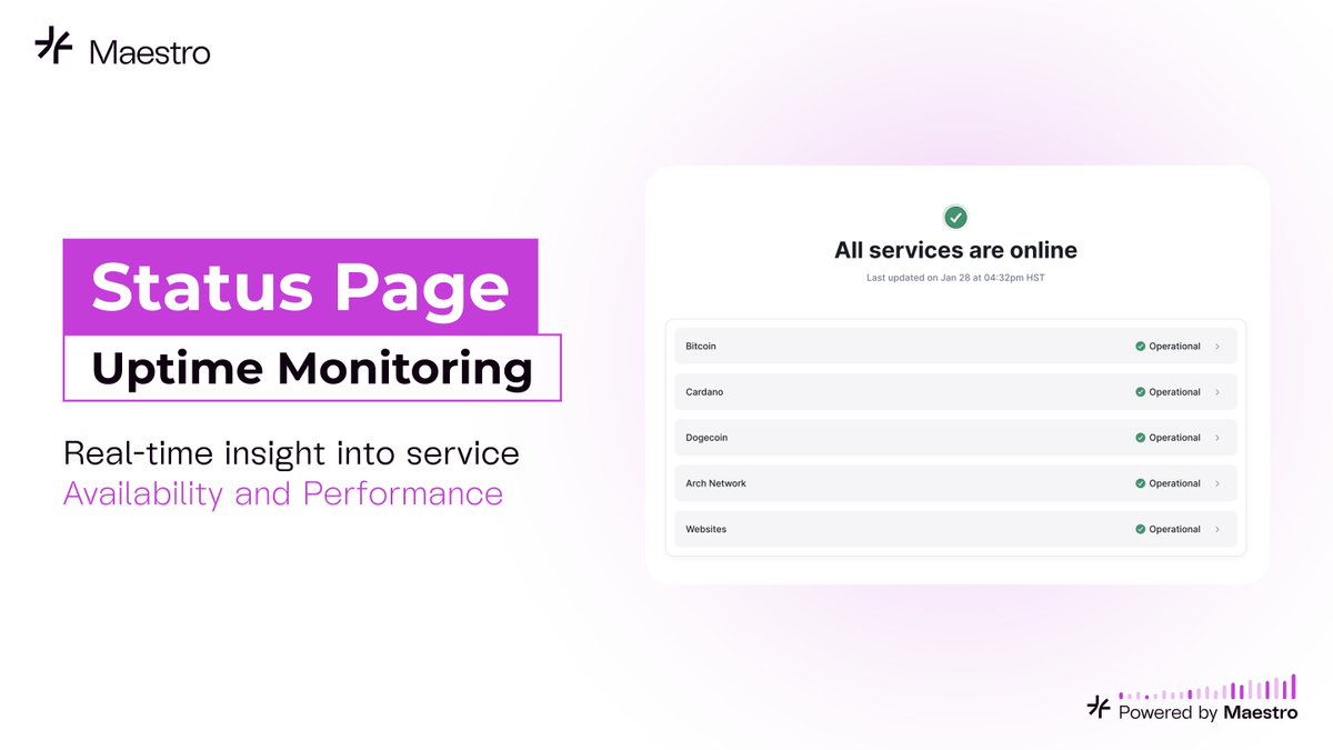 🎉 Maestro now has a dedicated Status Page to keep you informed in real time.

✔️ Track service uptime
✔️ Stay updated on maintenance and incidents
✔️ Access live operational statuses across Bitcoin, Cardano, Dogecoin, and Arch Network!

Transparency and reliability, every step