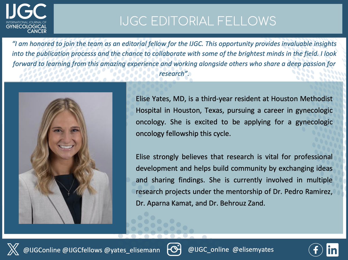 IJGC (@ijgconline) on Twitter photo Excited to welcome Dr. Elise Yates <a href="/yates_elisemann/">Elise Yates</a>, a third-year resident at #Houston Methodist Hospital, as an #EditorialFellow for #IJGC! 🎉🙌 We look forward to her valuable contributions!
<a href="/pedroramirezMD/">Pedro T Ramirez</a> <a href="/HsuMd/">Arthur_HC_Hsu</a> <a href="/JayrajAarthi/">Aarthi S Jayraj</a> <a href="/AndreFernandes2/">Andreina Fernandes</a> <a href="/IGCSociety/">IGCS</a> <a href="/ESGO_society/">ESGO</a> Excited to welcome Dr. Elise Yates <a href="/yates_elisemann/">Elise Yates</a>, a third-year resident at #Houston Methodist Hospital, as an #EditorialFellow for #IJGC! 🎉🙌 We look forward to her valuable contributions!
<a href="/pedroramirezMD/">Pedro T Ramirez</a> <a href="/HsuMd/">Arthur_HC_Hsu</a> <a href="/JayrajAarthi/">Aarthi S Jayraj</a> <a href="/AndreFernandes2/">Andreina Fernandes</a> <a href="/IGCSociety/">IGCS</a> <a href="/ESGO_society/">ESGO</a>