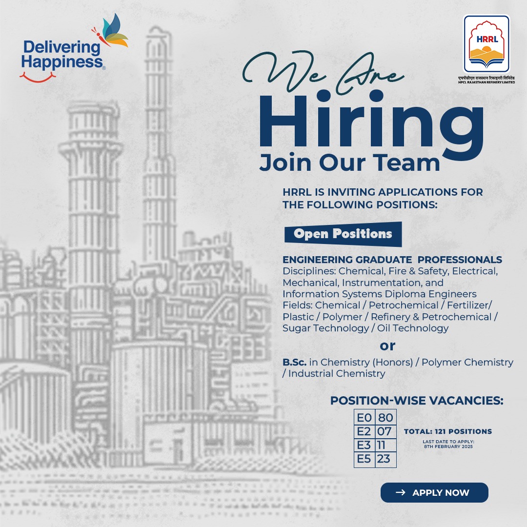 HPCL's tweet photo. HRRL is inviting applications for 121 positions across multiple disciplines! If you’re an engineering graduate, diploma holder, or https://t.co/jcmEwYZiLk. Chemistry graduate, this is your chance to be part of a dynamic and growing organisation.

🔹 Positions Available: Engineering Graduate Professionals & Diploma Engineers
🔹 Disciplines: Chemical, Fire & Safety, Electrical, Mechanical, Instrumentation, Information Systems & more
🔹 Vacancies: E0 (80) | E2 (07) | E3 (11) | E5 (23)
🔹 Last Date to Apply: 8th February 2025
Seize this opportunity to shape your future with HRRL! Apply now and be part of an innovative and progressive workforce.

📌 For details, visit the Career section on this link: https://t.co/6vFMwL0iyV

#HRRLRecruitment #CareerOpportunities #EngineeringJobs #HRRL