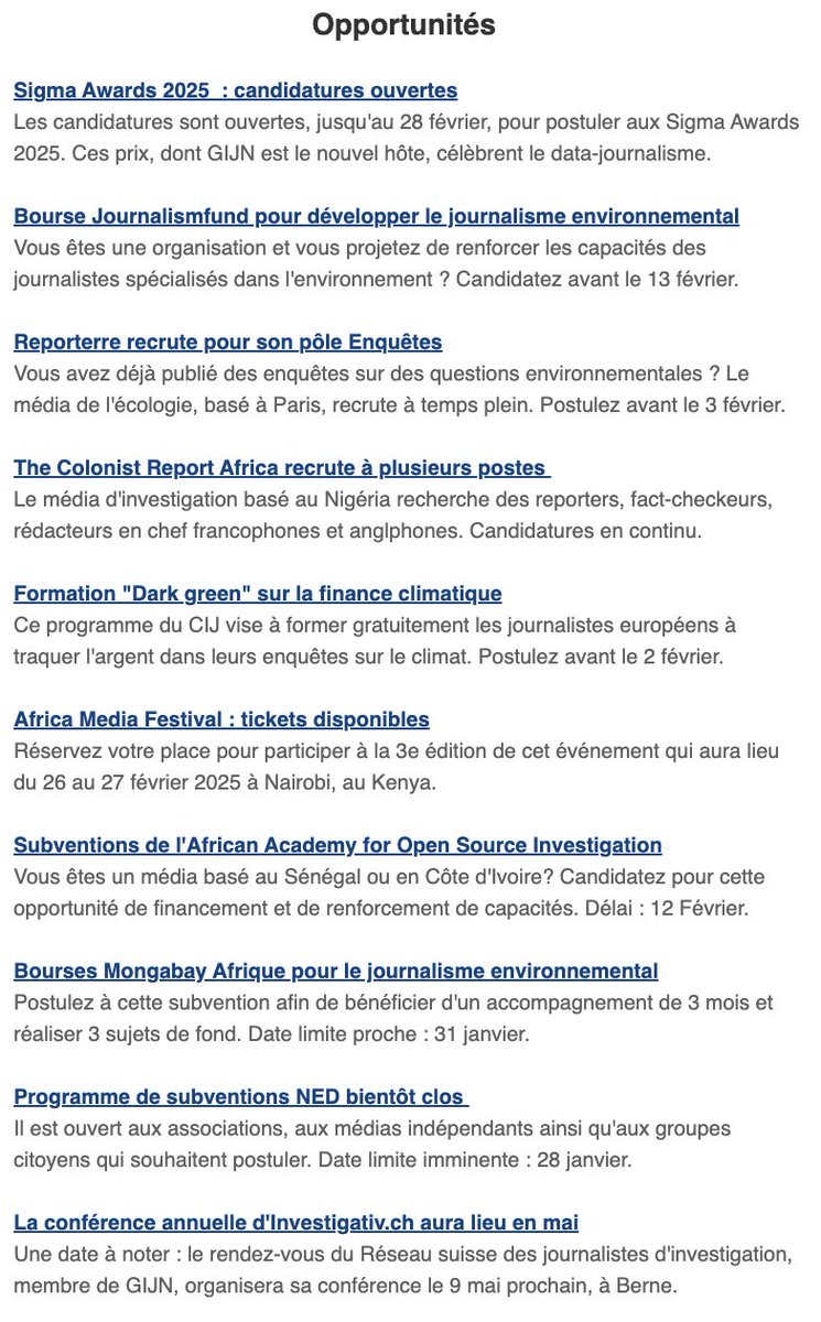 Également au menu 📩, de nombreuses opportunités pour les journalistes d'investigation <a href="/sigmaawards/">sigmaawards</a> <a href="/journalismfund/">Journalismfund Europe</a> <a href="/Reporterre/">Reporterre 🌍 | Le média de l'écologie</a> <a href="/TCRAfrica/">The Colonist Report Africa</a> <a href="/cijournalism/">The Centre for Investigative Journalism</a> <a href="/africamediafest/">Africa Media Festival</a> <a href="/MongabayAfrique/">Mongabay Afrique</a> <a href="/NEDemocracy/">NEDemocracy</a> <a href="/investigativ_ch/">investigativ.ch</a> 

⏩mailchi.mp/gijn/newslette…
