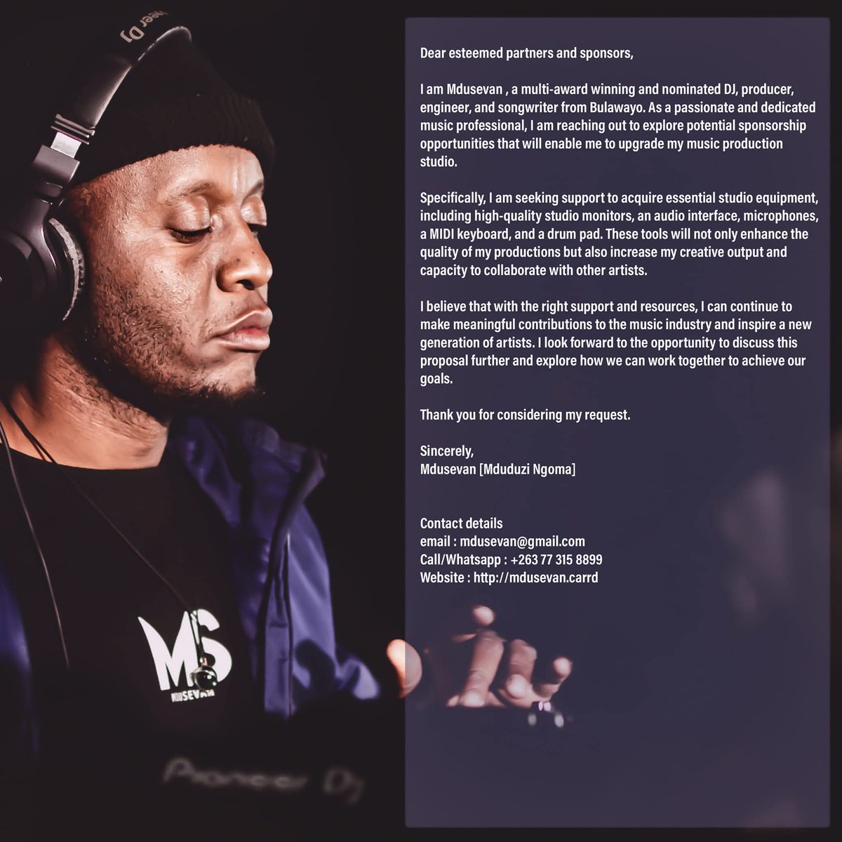 I was discouraged from seeking assistance, with some suggesting it's embarrassing for local artists to ask for help. However, I'm reaching out because I currently require specific equipment to enhance my career and support underprivileged young talents