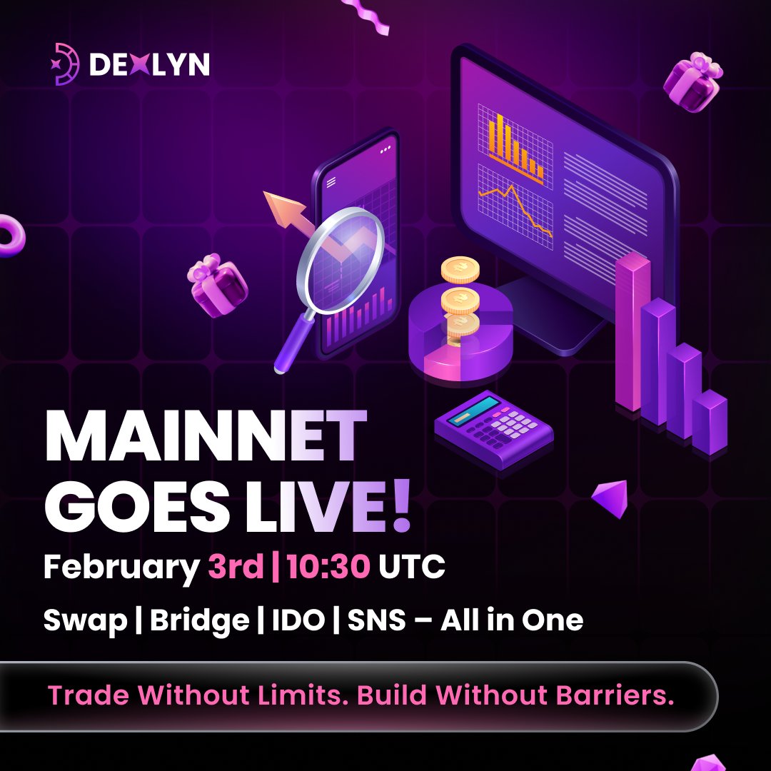 🚨 It’s official – Dexlyn Mainnet is launching on February 3rd at 10:30 UTC!

💡 This release brings it all:
✅ Swap – Effortless cross-chain token swaps with optimized pricing &amp; minimal slippage.
✅ Bridge – Secure &amp; faultless asset transfers across supported chains.
✅ IDO