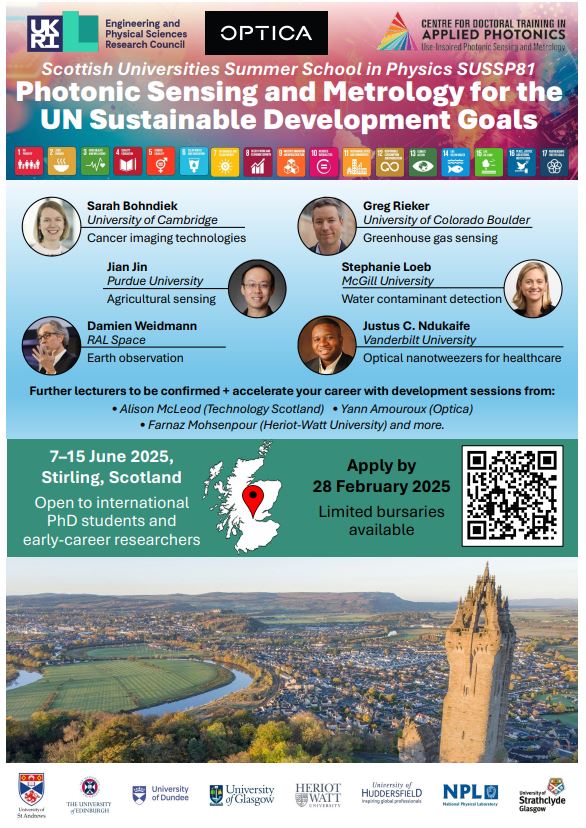 We are excited to announce 'SUSSP81 Summer School in Photonic Sensing and Metrology for the United Nations Sustainable Development Goals'. Please visit our website for more details. 

Marketing opportunities available for industrial partners - please get in touch to discuss! 🌟
