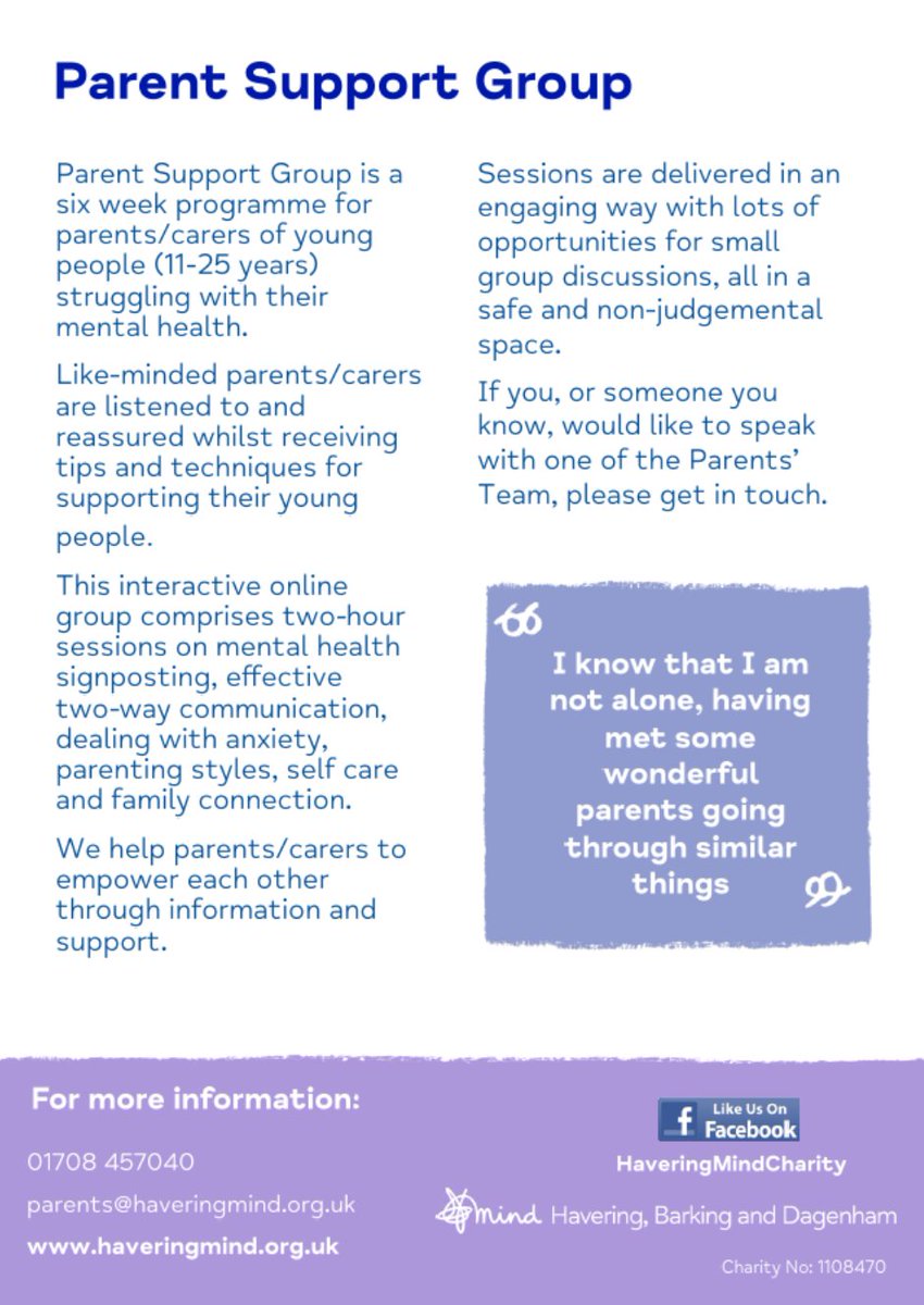 plcHallMead's tweet photo. Please see the leaflet below from Havering Mind regarding a parent support group they are running. https://t.co/YfgBi9G97O