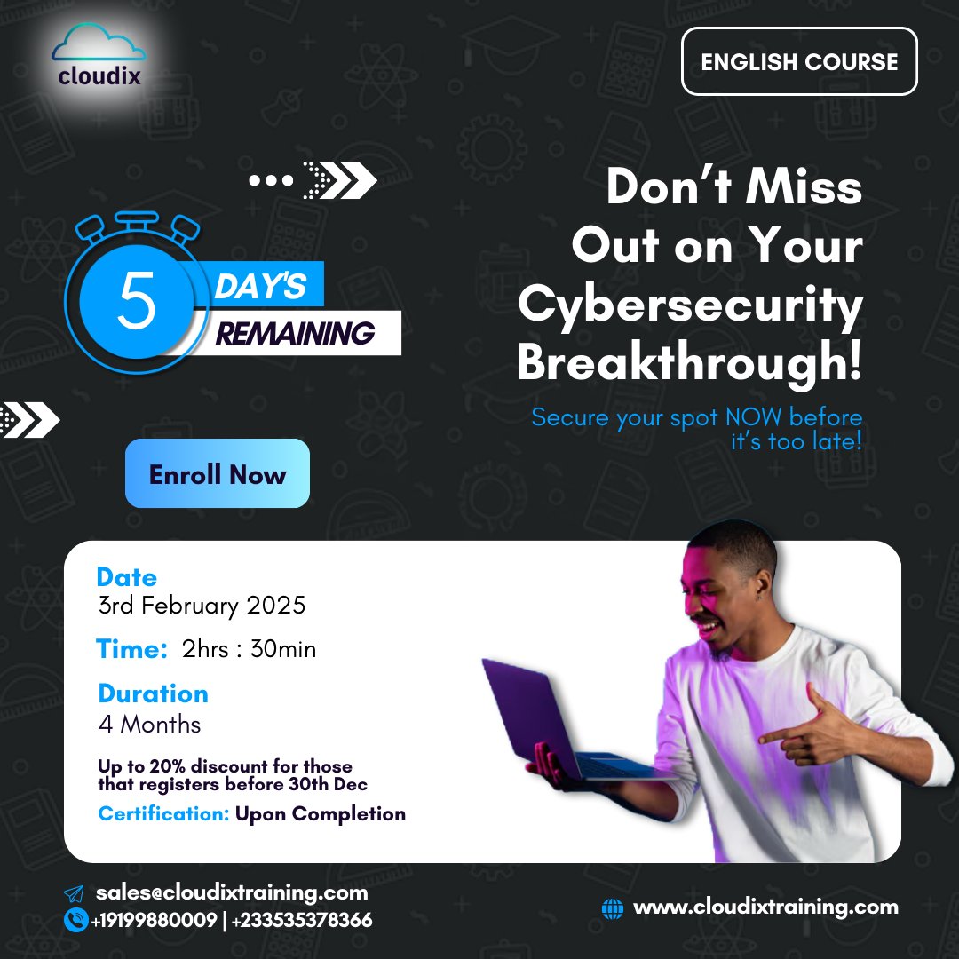 CloudixT's tweet photo. This is your chance to launch a high-demand career in cybersecurity. Secure your spot NOW before it’s too late!

📞 Call: +19199880009 | +233535378366
📧 Email: sales@cloudixtraining.com

#VirtualLearning #Security #cloudixt #cybersecurity #infosec #nutanix #CookieTee https://t.co/YHe3IV1XAs