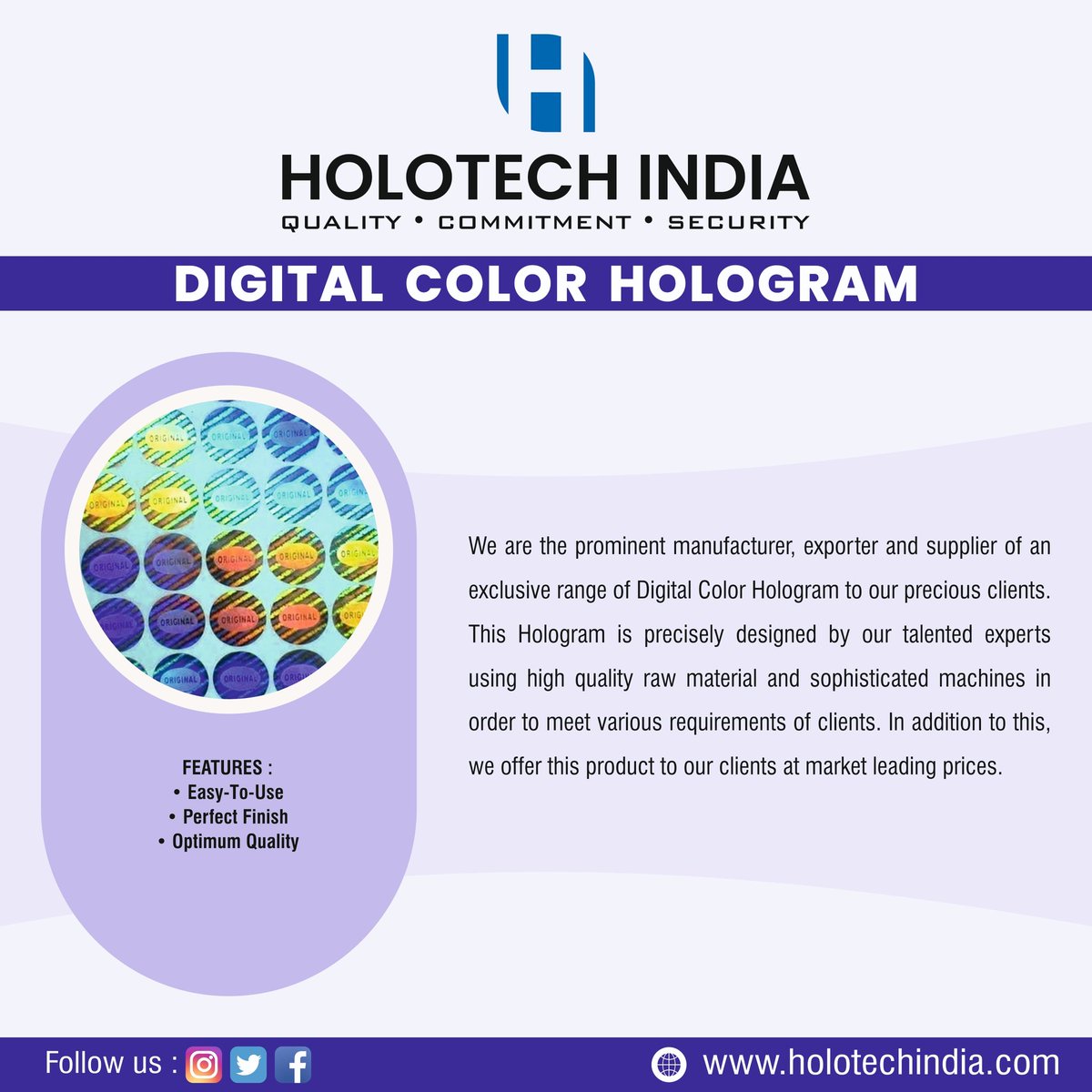 HolotechIndia's tweet image. Need Digital Color Hologram? 
Contact us and get best price from us. 

📧: holotechindia@gmail.com 

#holotechindia #holotech #india #digitalcolor #digital #colour #3dhologram #dotmatrix #ebeam #labels #stickers #hologram #holograms #hologramsticker #security #securitysystem