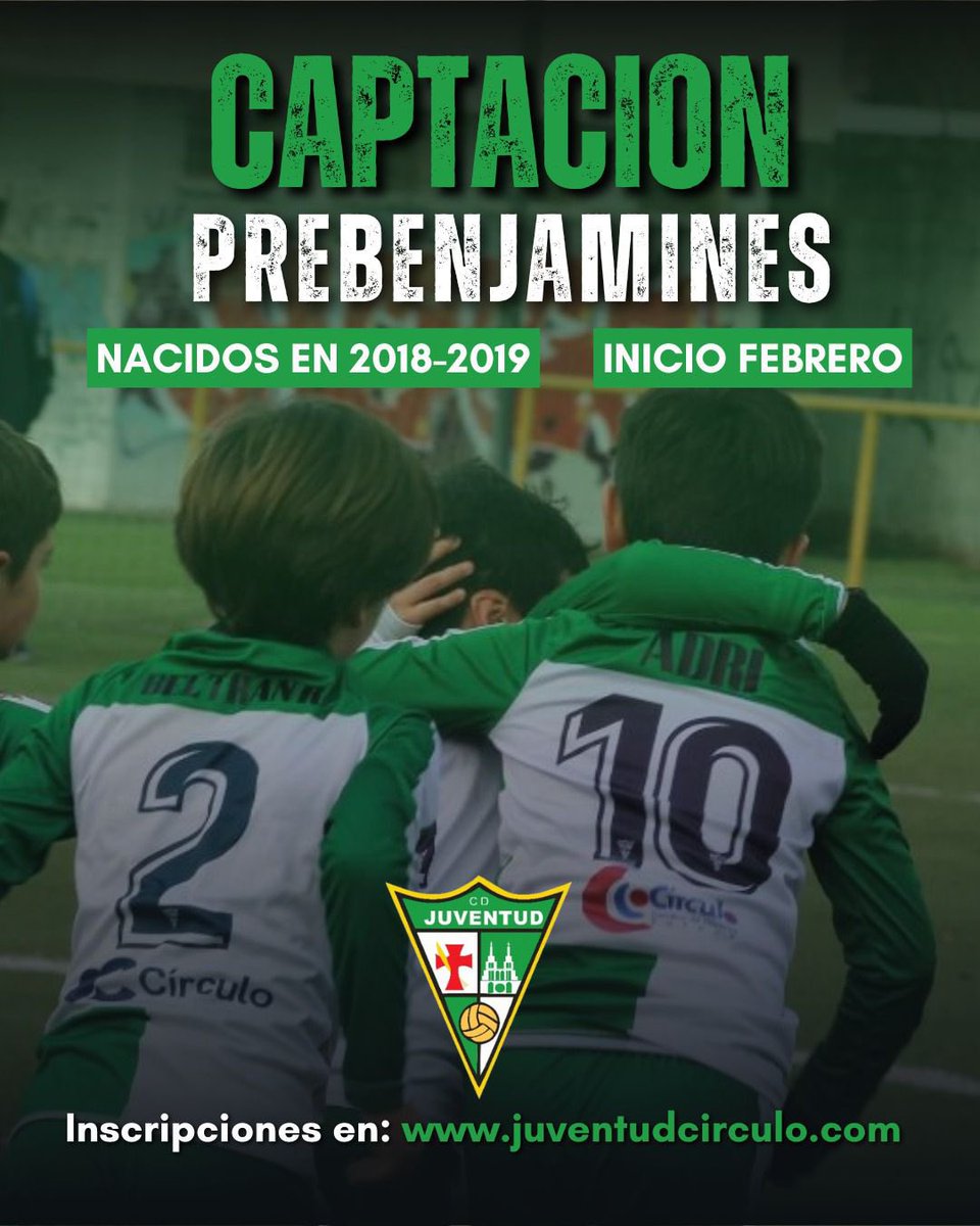 ¿Tienes hijos/as nacido en 2018/19 que les apasione el fútbol? 

Desde el CD Juventud estamos buscando niños/as que quieran formar parte de nuestro club de cara a la próxima temporada. 

A través del siguiente enlace podrás inscribirlos desde nuestra web

juventudcirculo.com/captacion-preb…