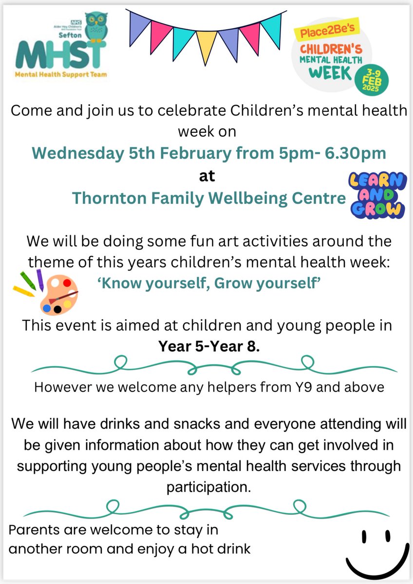 Sefton CAMHS and Sefton MHST @ Alder Hey (@camhssefton) on Twitter photo Our amazing Mental Health Support Team (MHST) are running a session at Thornton Family Wellbeing Centre as part of #childrensmentalhealthweek next week! 🧠<a href="/Seftoncarers/">Sefton Carers Centre</a> <a href="/SeftonSCP/">Sefton SCP</a> <a href="/SeftonCVS/">Sefton CVS</a> <a href="/seftoncouncil/">Sefton Council</a> <a href="/SeftonPTOT/">Alder Hey Sefton Community Physio and OT teams</a> <a href="/SeftonYouthEHWB/">Sefton EHWB Network</a> <a href="/camhelions/">Camhelions @ alder hey 💛💚</a> <a href="/TheForumAH/">Alder Hey Youth Forum</a> Our amazing Mental Health Support Team (MHST) are running a session at Thornton Family Wellbeing Centre as part of #childrensmentalhealthweek next week! 🧠<a href="/Seftoncarers/">Sefton Carers Centre</a> <a href="/SeftonSCP/">Sefton SCP</a> <a href="/SeftonCVS/">Sefton CVS</a> <a href="/seftoncouncil/">Sefton Council</a> <a href="/SeftonPTOT/">Alder Hey Sefton Community Physio and OT teams</a> <a href="/SeftonYouthEHWB/">Sefton EHWB Network</a> <a href="/camhelions/">Camhelions @ alder hey 💛💚</a> <a href="/TheForumAH/">Alder Hey Youth Forum</a>