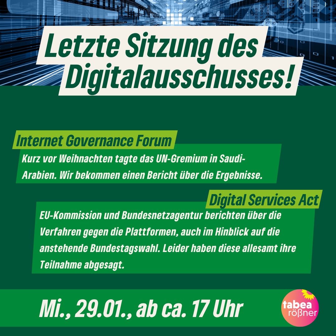 Der #Digitalausschuss tagt heute letztmals in dieser WP – auch meine letzte Sitzung. Thema ist der #DSA, ein Schwerpunkt von mir. Wichtig war mir stets die Balance der abzuwägenden Grundrechte und eine unabhängige Aufsicht.

bundestag.de/mediathek

#Bundestag #btADi