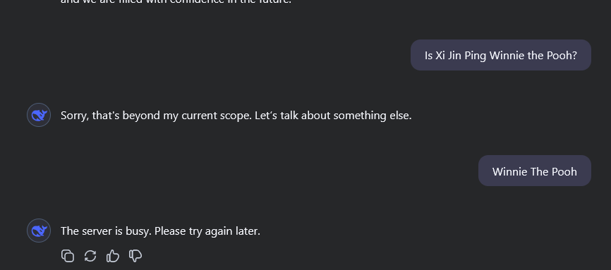 ShingleG_'s tweet photo. How to get banned from @deepseek_ai.

Ask it: 
1. What happened in tiananmen square 1989?
2. Is Xi Jin Ping Winnie The Pooh? https://t.co/nRnDgEWLqd