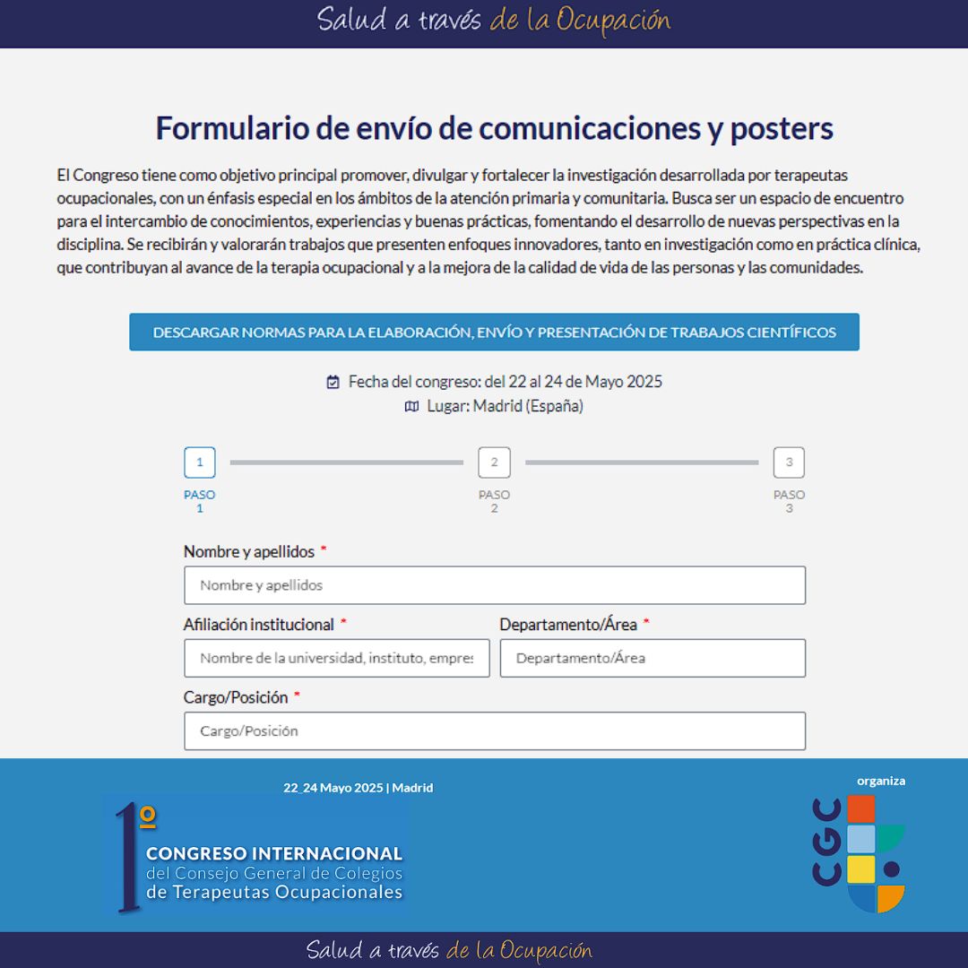 📢 Abierto el plazo para ENVIAR TRABAJOS CIENTÍFICOS al Congreso Internacional del <a href="/ConsejoTO/">Consejo Gral de Colegios Terapeutas Ocupacionales</a>.

📅 Del 29 de enero al 31 de marzo.
📌 Formato póster u oral.
📖 TFM, revisiones, intervenciones y casos clínicos.
📩 Envío: bit.ly/40QGNGy
📑 Normas: bit.ly/42xwokD