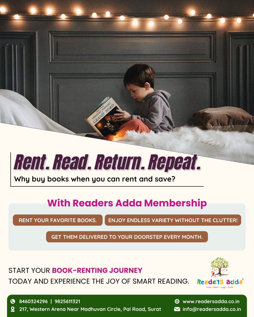 AddaReader29997's tweet photo. Rent. Read. Return. Repeat. – Join Readers Adda Surat! 📚

#ReadersAdda #Surat #Adajan #BookRentalSurat #LibraryMembership #KidsReading #InteractiveLearning #BooksForKids #HomeLibrary #SmartReading #ReadingForKids #BookLovers #RentBooks #EducationalBooks #Storytime https://t.co/cttY0gsU4d