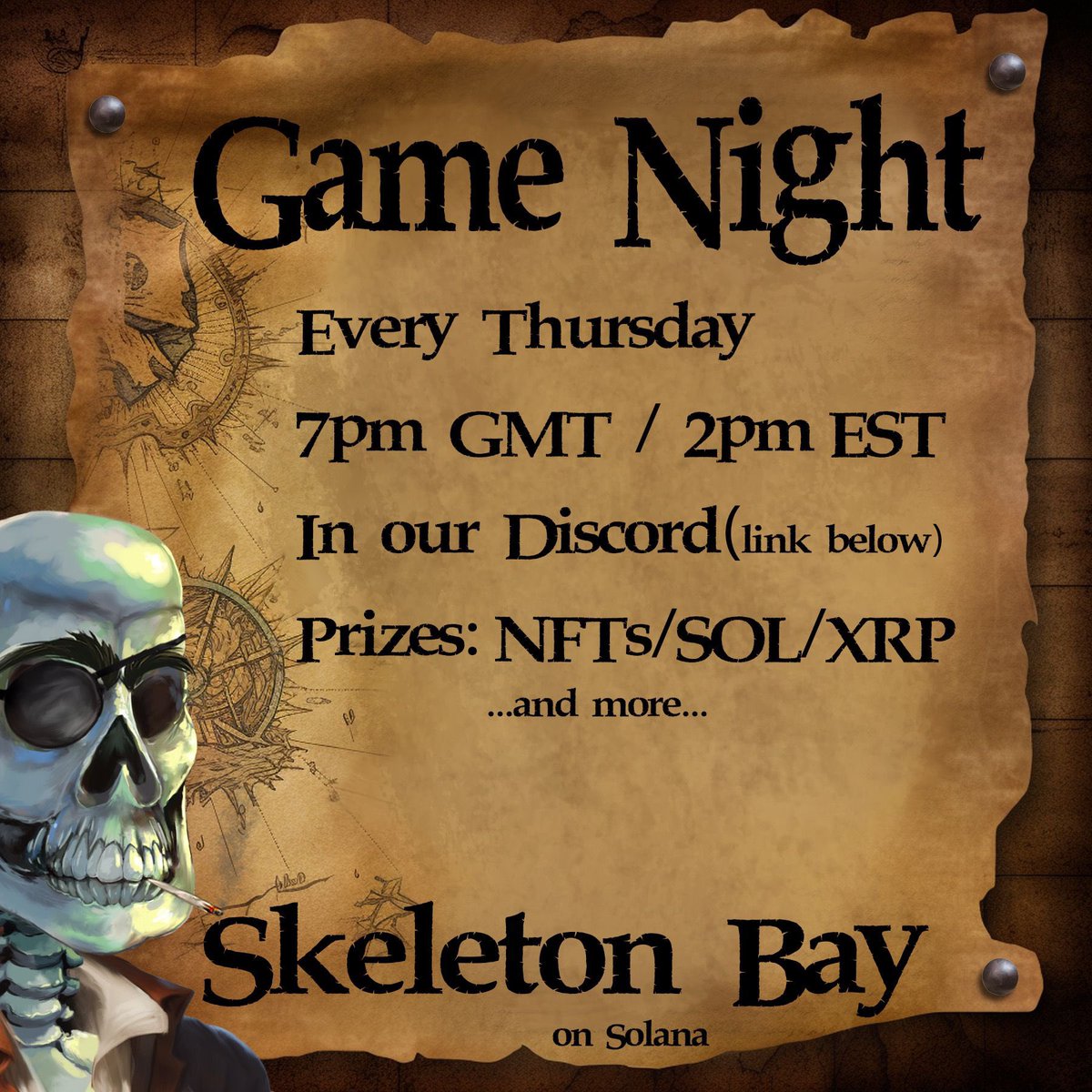 🚀 𝐆𝐀𝐌𝐄 𝐍𝐈𝐆𝐇𝐓 𝐀𝐋𝐄𝐑𝐓! 🎮  

𝐓𝐇𝐈𝐒 𝐓𝐇𝐔𝐑𝐒𝐃𝐀𝐘 at 7PM GMT / 2PM EST, join us for an epic 𝐒𝐤𝐞𝐥𝐞𝐭𝐨𝐧 𝐁𝐚𝐲 𝐆𝐚𝐦𝐞 𝐍𝐢𝐠𝐡𝐭 on 𝐒𝐨𝐥𝐚𝐧𝐚! 🔥  ⁣

💸 𝐏𝐫𝐢𝐳𝐞𝐬 𝐮𝐩 𝐟𝐨𝐫 𝐠𝐫𝐚𝐛𝐬:  

✅ NFTs | ✅ SOL | ✅ XRP  
…and more surprises! 🏆