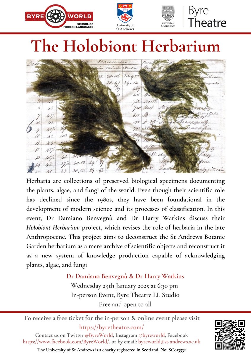 Byre World (@byreworld) on Twitter photo Don't miss this evening's event with Dr Damiano Benvegnù and Dr Harry Watkins about their Holobiont Herbarium project!
⏰ Today 6:30 PM at <a href="/ByreTheatre/">Byre Theatre</a> Don't miss this evening's event with Dr Damiano Benvegnù and Dr Harry Watkins about their Holobiont Herbarium project!
⏰ Today 6:30 PM at <a href="/ByreTheatre/">Byre Theatre</a>