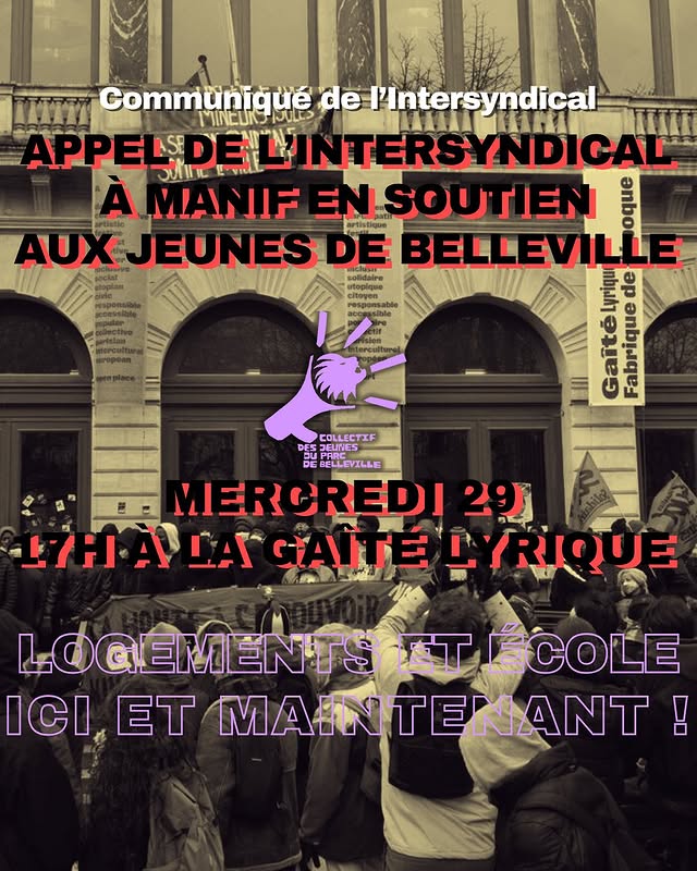 Appel collectif à manifester en soutien au Collectif des jeunes du Parc de Belleville

MERCREDI 29 JANVIER 2025 À 17H À LA GAÎTÉ LYRIQUE, C’EST MAINTENANT !

→ gisti.org/7451