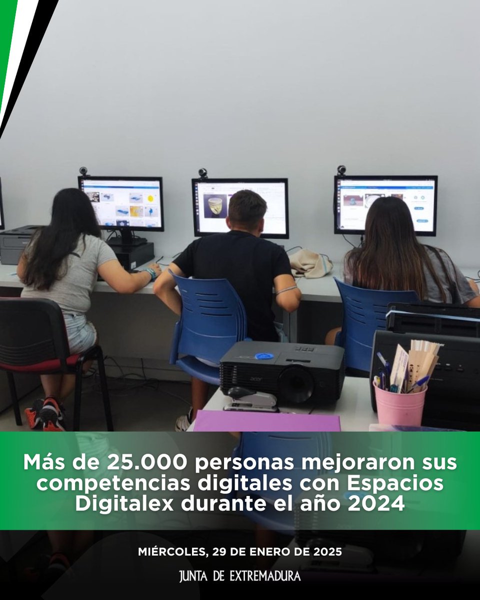 ‼️👏 Más de 25.000 personas mejoraron sus competencias digitales con Espacios Digitalex durante el año 2024.

✅ El SEXPE refuerza su compromiso con la formación y el empleo digital en la región.

👉 Más info | juntaex.es/w/exito-de-la-…